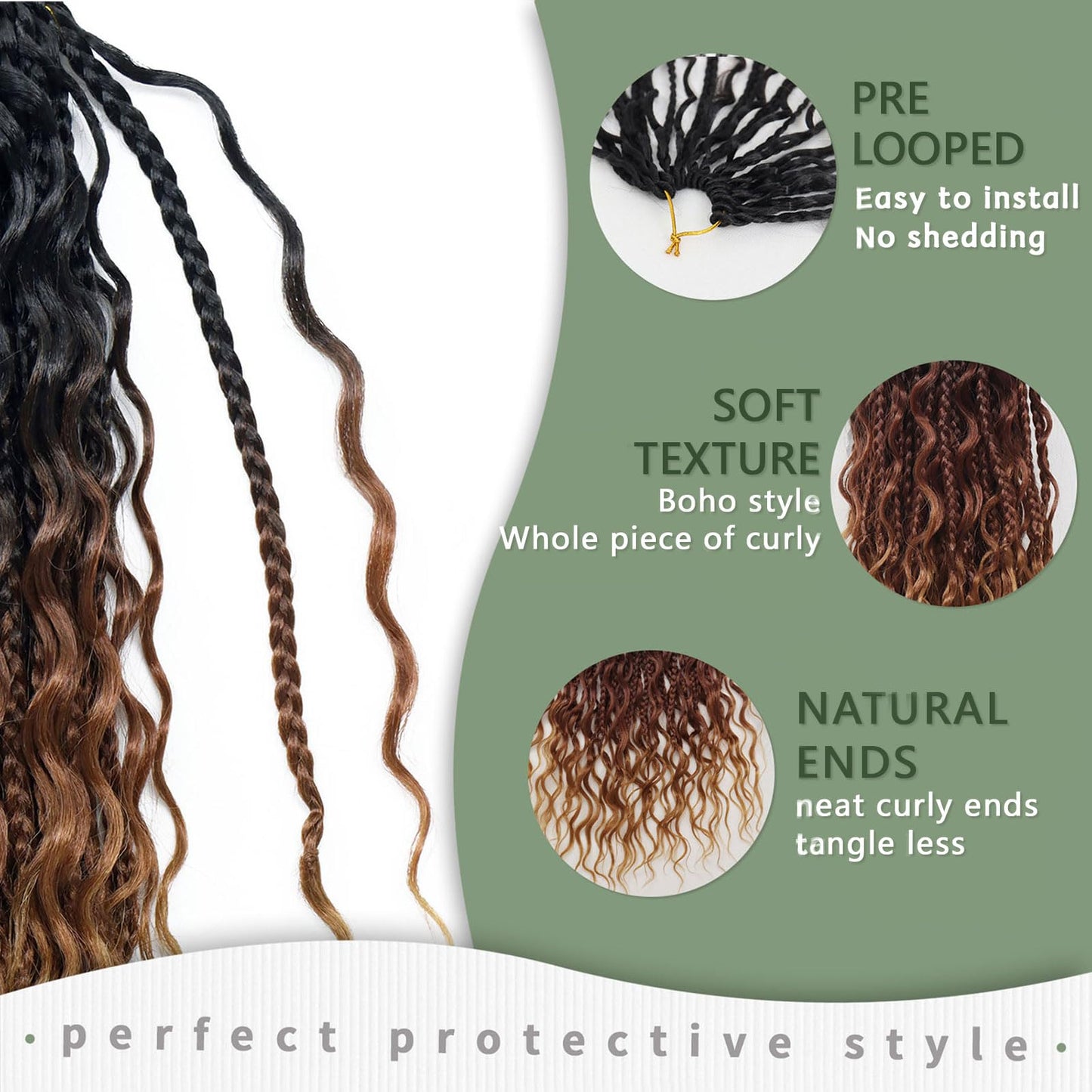 24 Inch Goddess Box Braids Crochet Hair 7 Packs Boho Braids Pre Looped Crochet Braids With Curly Ends Synthetic Bohemian Crochet Braiding Hair for Women, 1B/30/27