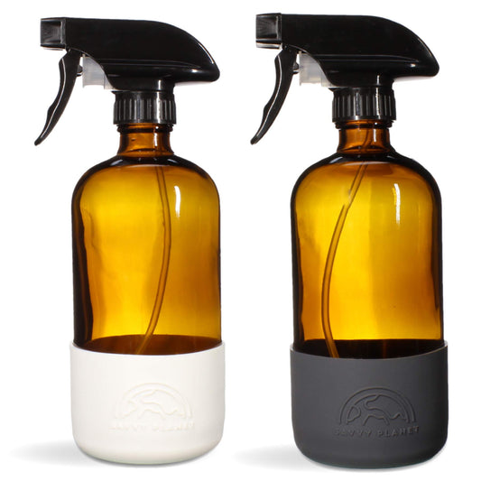 SAVVY PLANET Empty Amber Glass Spray Bottles with Silicone Sleeve Protection - Refillable 16 oz Containers for Cleaning Products, Essential Oils, Misting Plants - Quality Sprayer - 2 Pack