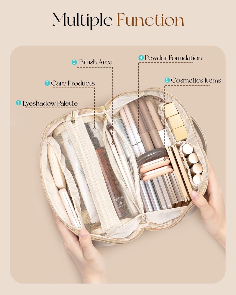 VLANDO Makeup Bag,Travel Toiletry Bag,Cosmetic Bag for Women PU Leather Portable Make up Bag for Skincare, Brushes & Travel Essentials-Sand Pink