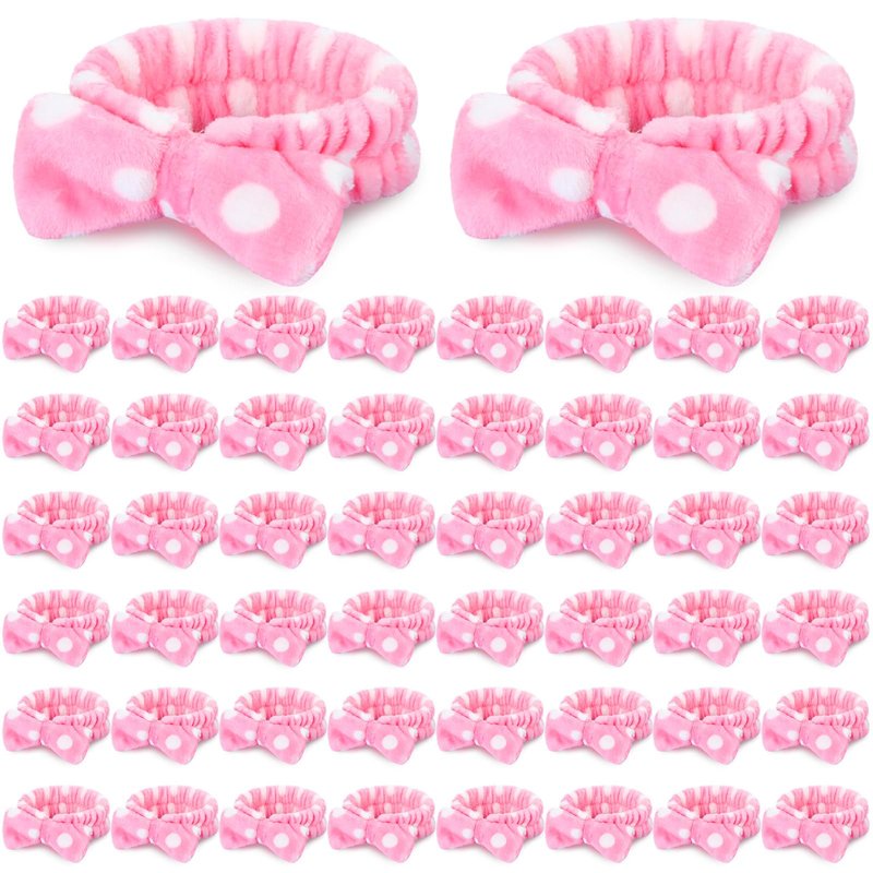 Wavyknot 50 Pcs Pink Spa Headband Bulk Spa Sleepover Party Supplies for Washing Face with Removable Bow Makeup Elastic Bowknot Headbands for Women Gifts Soft Skincare Microfiber Hairbands(Dots Style)