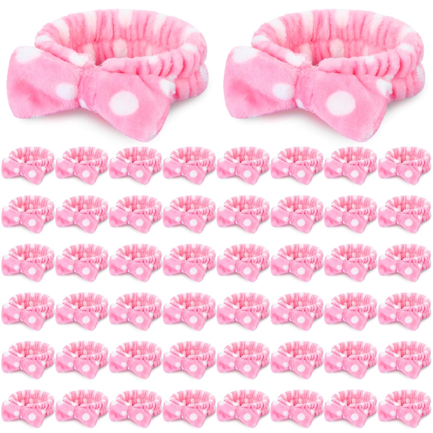Wavyknot 50 Pcs Pink Spa Headband Bulk Spa Sleepover Party Supplies for Washing Face with Removable Bow Makeup Elastic Bowknot Headbands for Women Gifts Soft Skincare Microfiber Hairbands(Dots Style)