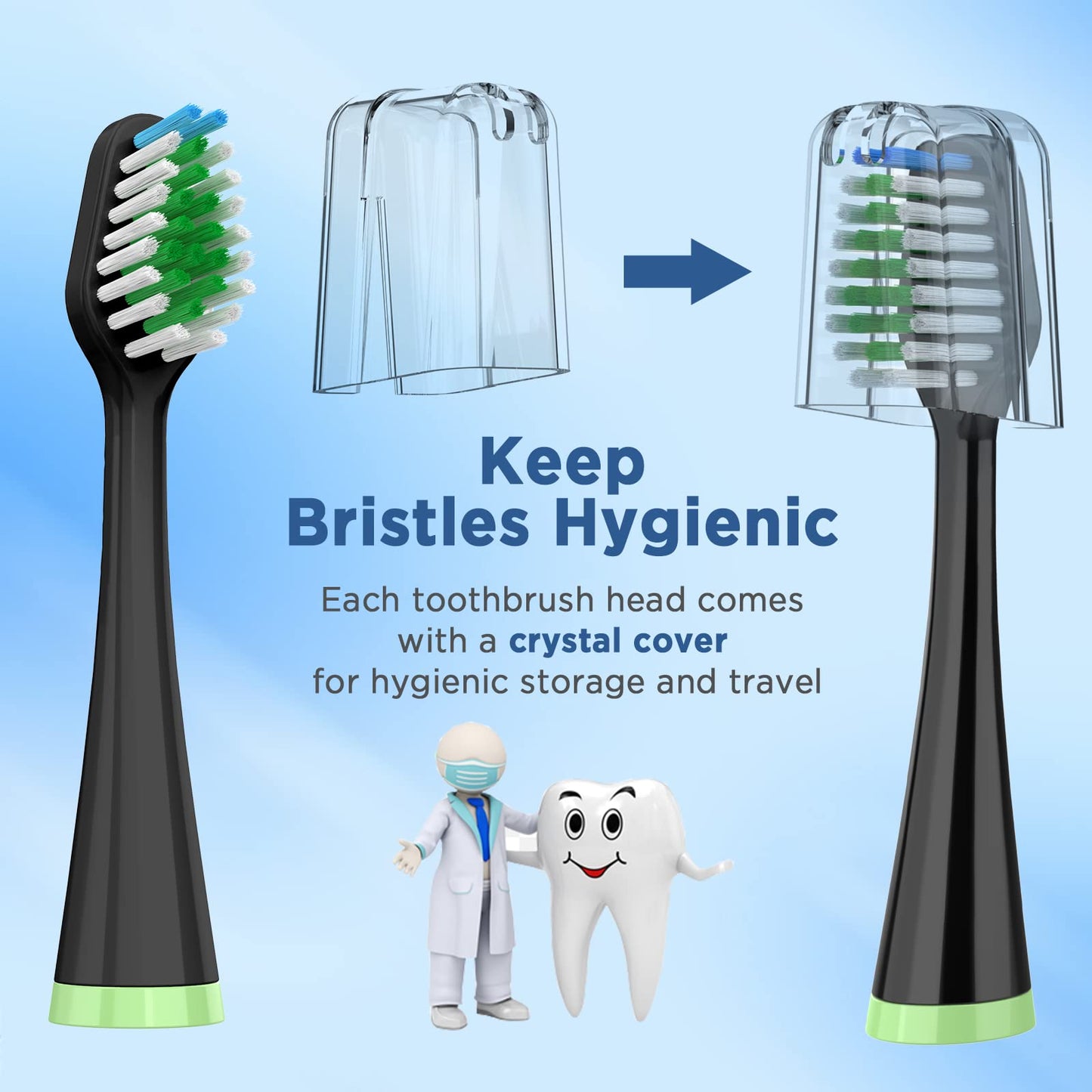 Replacement Toothbrush Heads for Waterpik Complete Care 5.0/9.0 (CC-01/WP-862), with Covers, 10 Count, Black