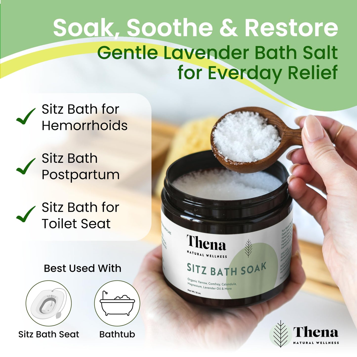 Best Organic Sitz Bath Soak Postpartum Care and Post Partum Essentials, Natural Hemorrhoid Treatment for Women & Moms with Epsom Dead Sea Salt Witch Hazel, Sitz Bath for Toilet, Thena