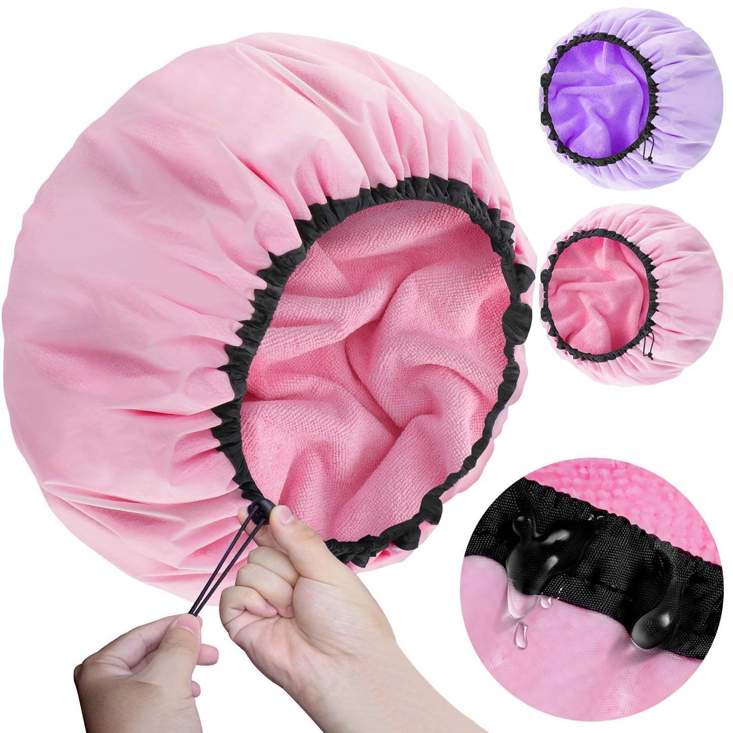 Sheomern 2 Pcs 16.5"Jumbo Adjustable Terry Cloth Lined Shower Caps for Long Hair & Braids, Extra Large Dual Waterproof Hair Cap for Women & Men, Reusable XXL for Dreadlocks, Locs