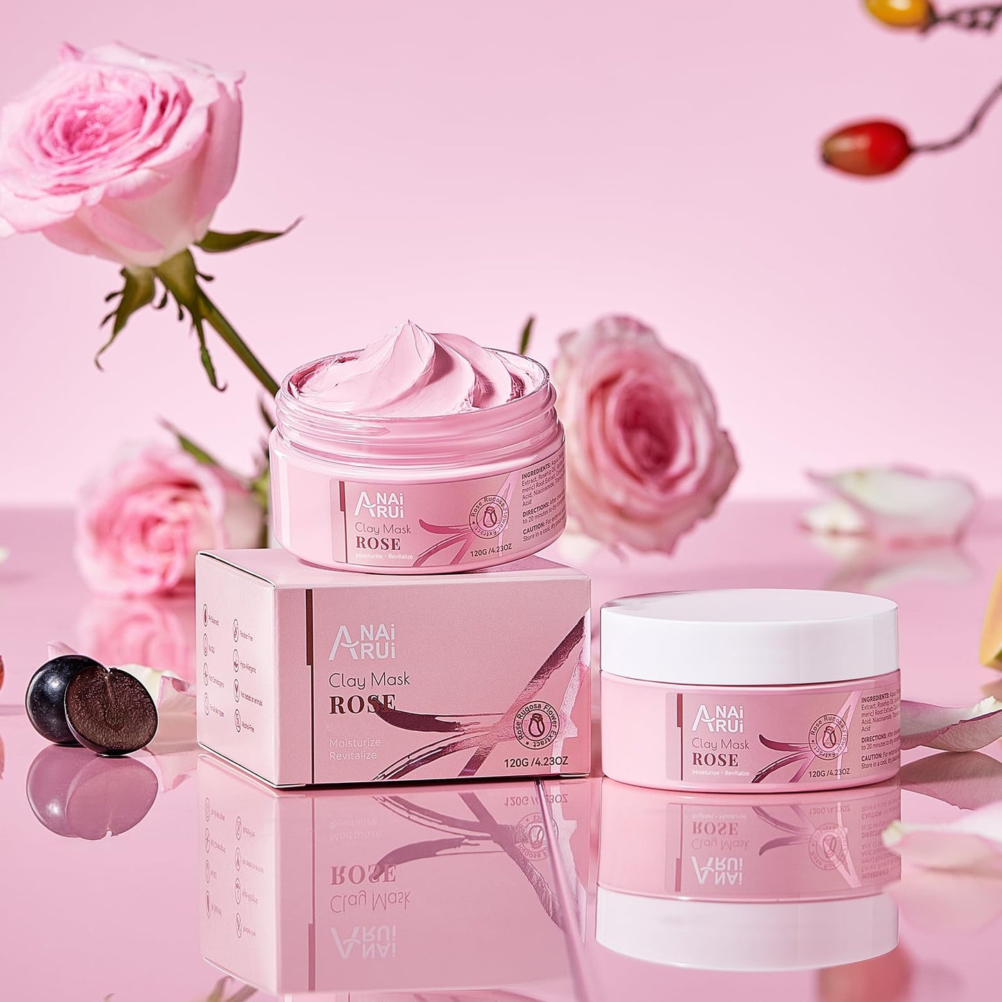 ANAI RUI Rose Facial Mask, Deep Cleansing, Clay Mask with Kaolin Pink Clay, Gifts for Women, Niacinamide, Collagen, Hyaluronic Acid for Moisturizing & Smooth Skin, Pores Minimizers, 4.23Oz