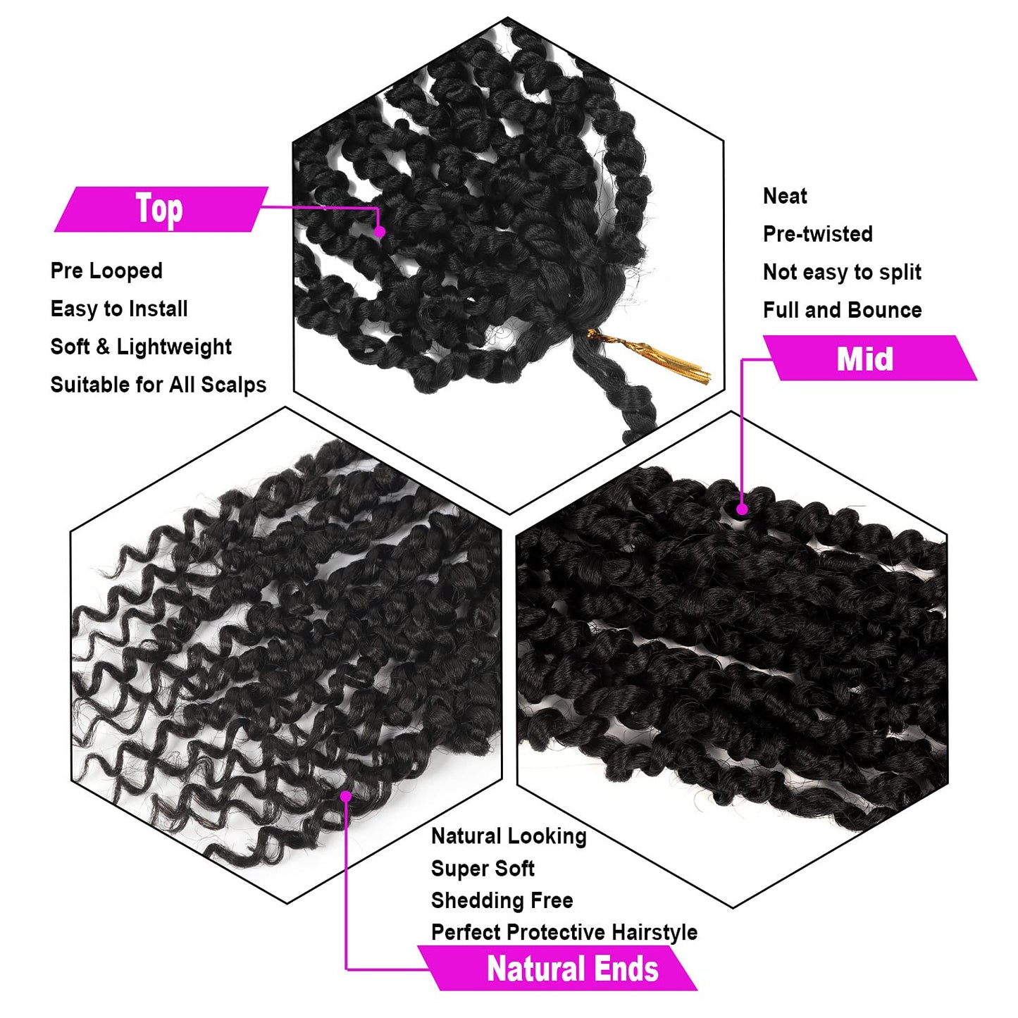 Passion Twist Crochet Hair - 14 Inch Pre-Twisted Synthetic Braids | 8 Packs for Women & Kids - Color 1B