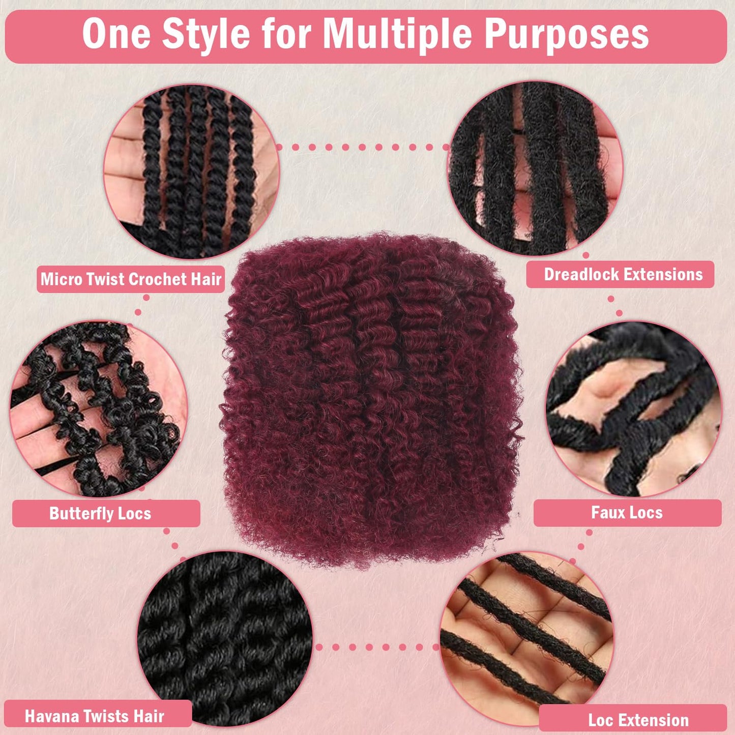 Unipearl Afro Kinkys Bulk Human Hair 50g/Pack Human Braiding Hair for Marley Twist, Locs Extensions & Crochet, Burgundy Afro Bulk Hair for Dreadlocks 14Inch