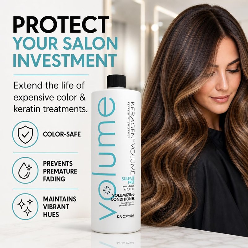 KERAGEN - Volumizing Conditioner for Fine Hair with Keratin and Collagen, Sulfate Free 32 Oz - Add Thickness, Hydrates and Enhances Hair Volume, with Panthenol, Vitamins, and Jojoba Oil