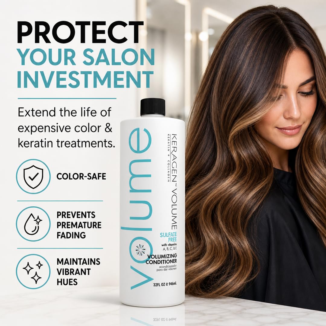 KERAGEN Volumizing Conditioner – Keratin & Collagen Matrix for Fine, Color-Treated & Chemically Processed Hair | Sulfate-Free, Paraben-Free | Panthenol, Jojoba Oil | Made in USA | 32 oz