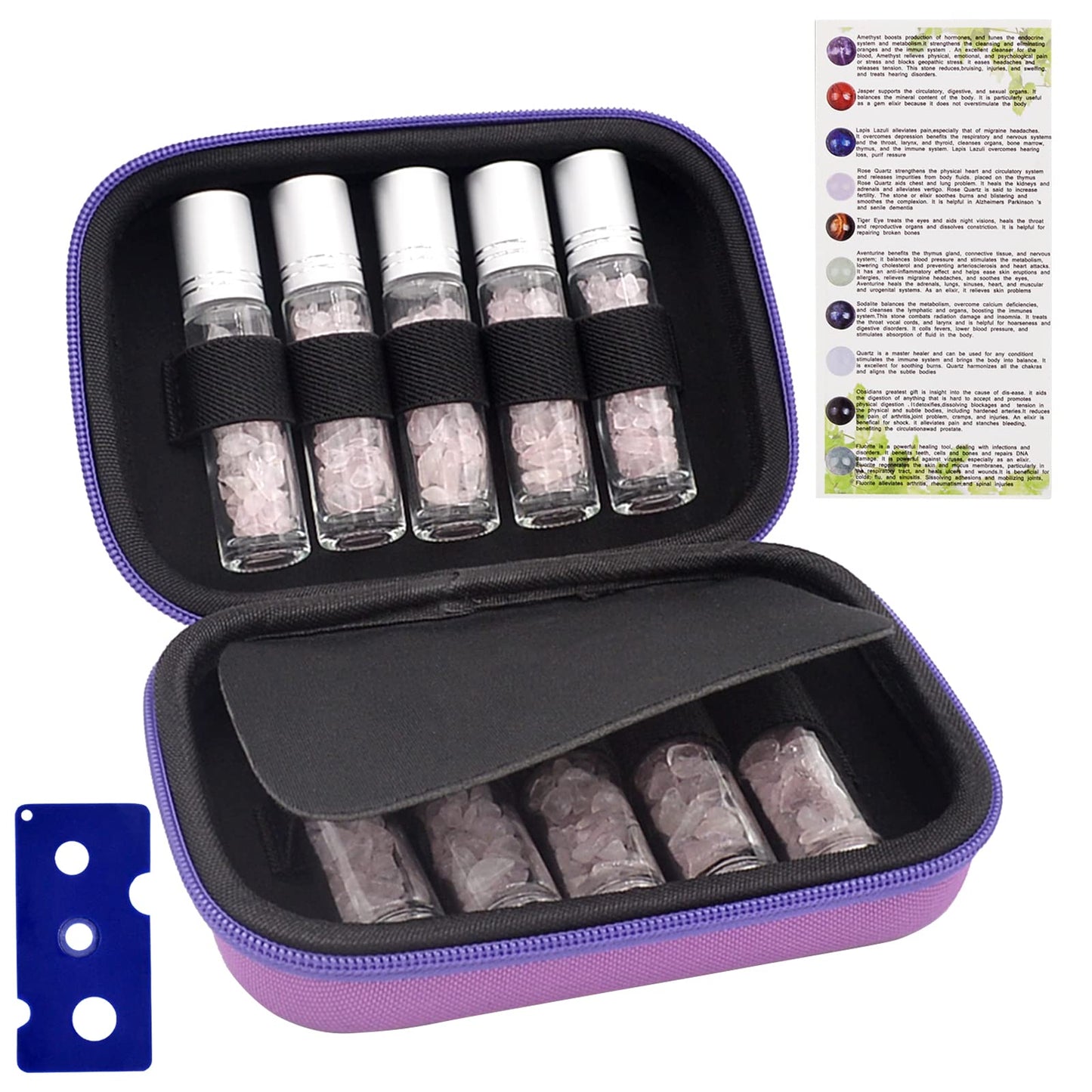 Essential Oil Roller Bottle 10ml w EVA Carrying Travel Case（Clear Glass Bottle with silver Cap、10pack、Gemstone Roller Balls、Healing Crystal Chips Inside、Opener)Gemstone Roller Ball Bottles