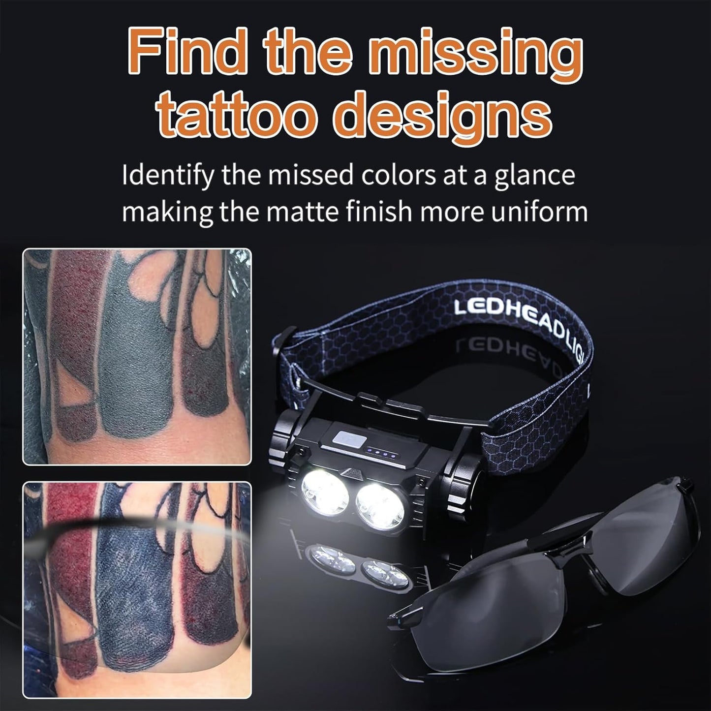 LED Tattoo Work Light Kit - Polarized Headlamp & Vision Glasses for Artists | Touch Up Tattoo Colors