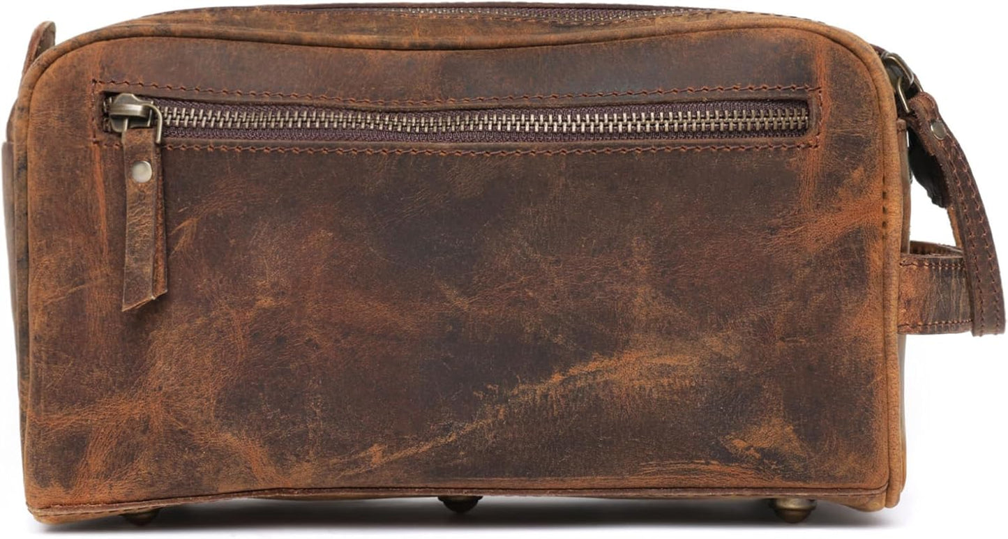 Toiletry Bag for Men - Genuine Leather Dopp Kit | Large Travel Organizer for Grooming Essentials in Distressed Brown