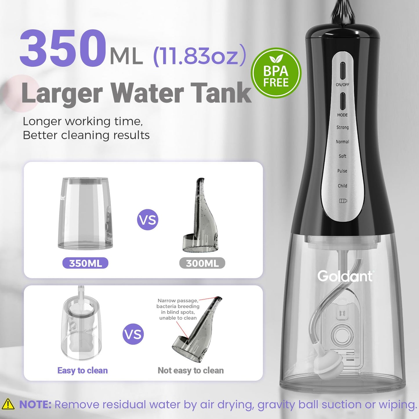 GOLDANT 2026 New 350ML Water Dental Flosser Teeth Pick with Bag, 5 Modes Portable Cordless Oral Irrigator Cleaner, Electric Rechargeable IPX7 Waterproof for Home Travel Teeth Cleaning Flossing (Black)