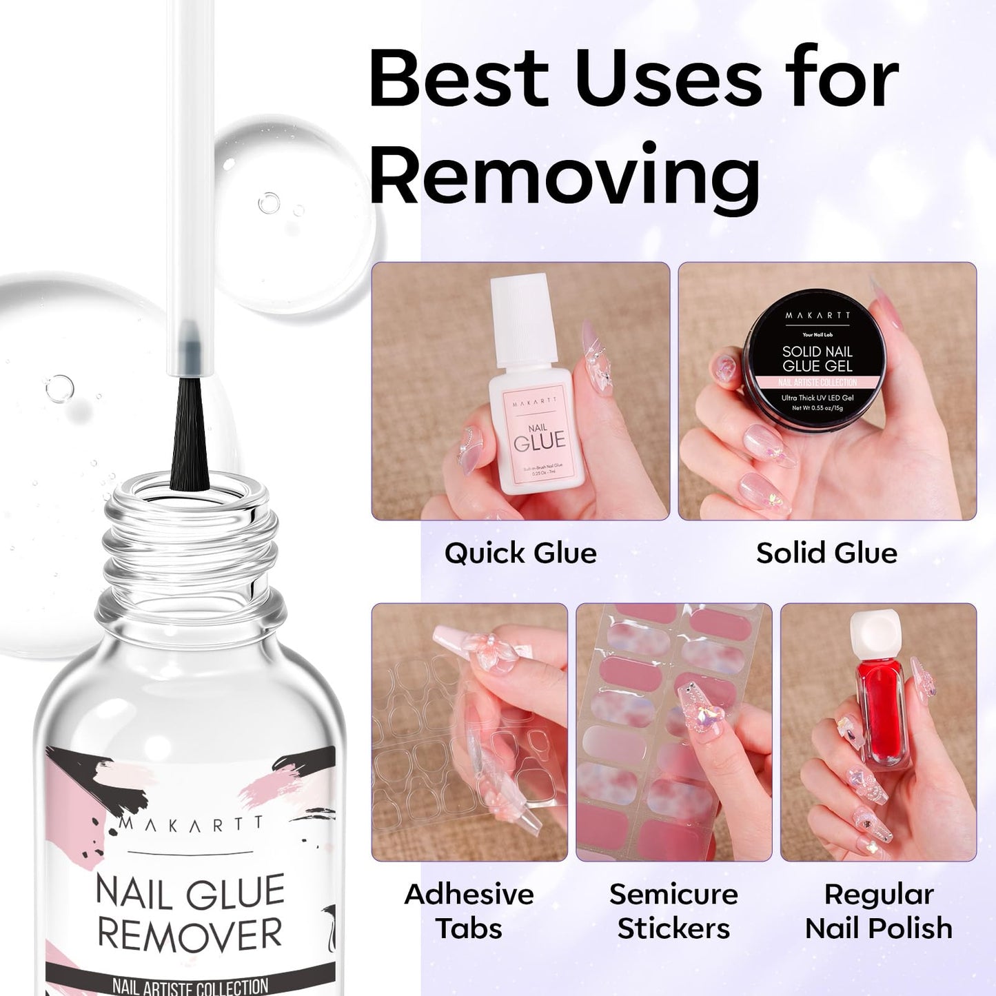 Makartt Nail Glue Remover for Press on Nails - 30ML Hema-free, Glueoff Easy Removal Versatile Debonder for Glue on Tips, Regular Polish, Quick Glues and Semi-Cured Sticker DIY Manicure Supply