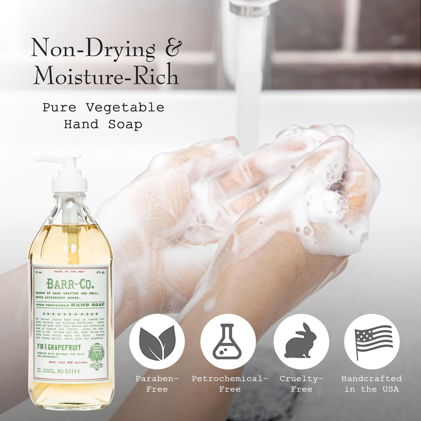 BARR-CO. Natural Hand Soap, Vegan Liquid Soap for Bathroom & Kitchen, Moisturizing Fir & Grapefruit 16 fl oz