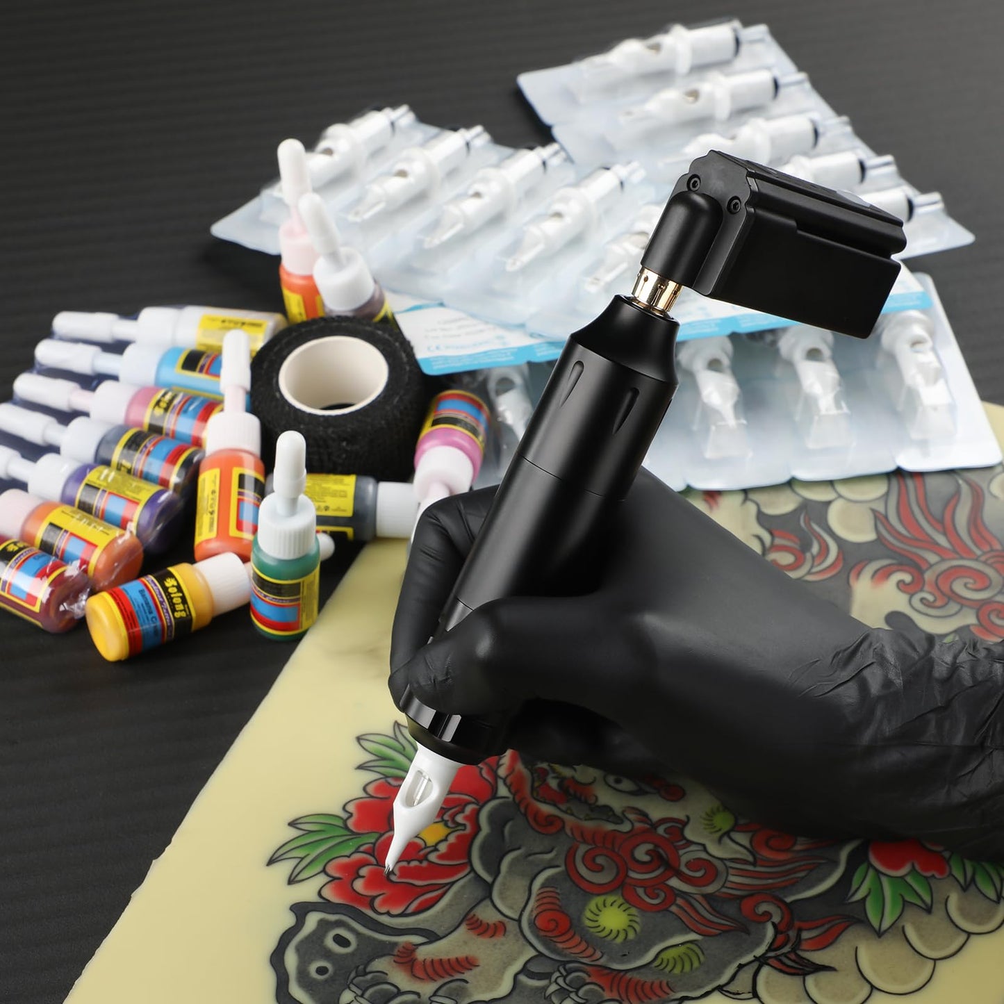 Solong Tattoo Kit-Tattoo Pen Kit Rotary Gun Machine Pen RCA with Wireless Battery 20Pcs Cartridge Mixed Needles Power Supply SLP1KIT02D-1-US