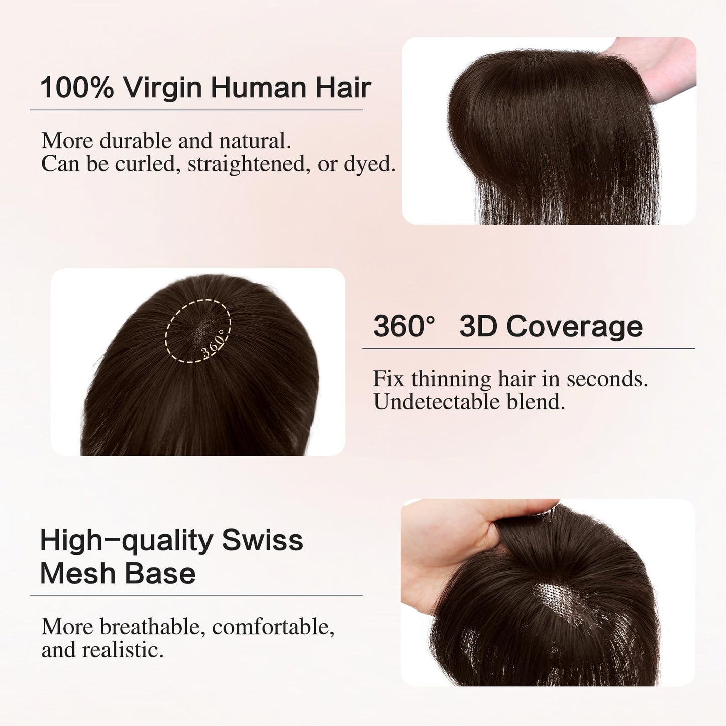 WECAN Hair Toppers for Women Real Human Hair 3D Bangs Clip 100% Human Toppers for Women 10 Inch Clip in Bangs Hairpieces (Dark Brown)
