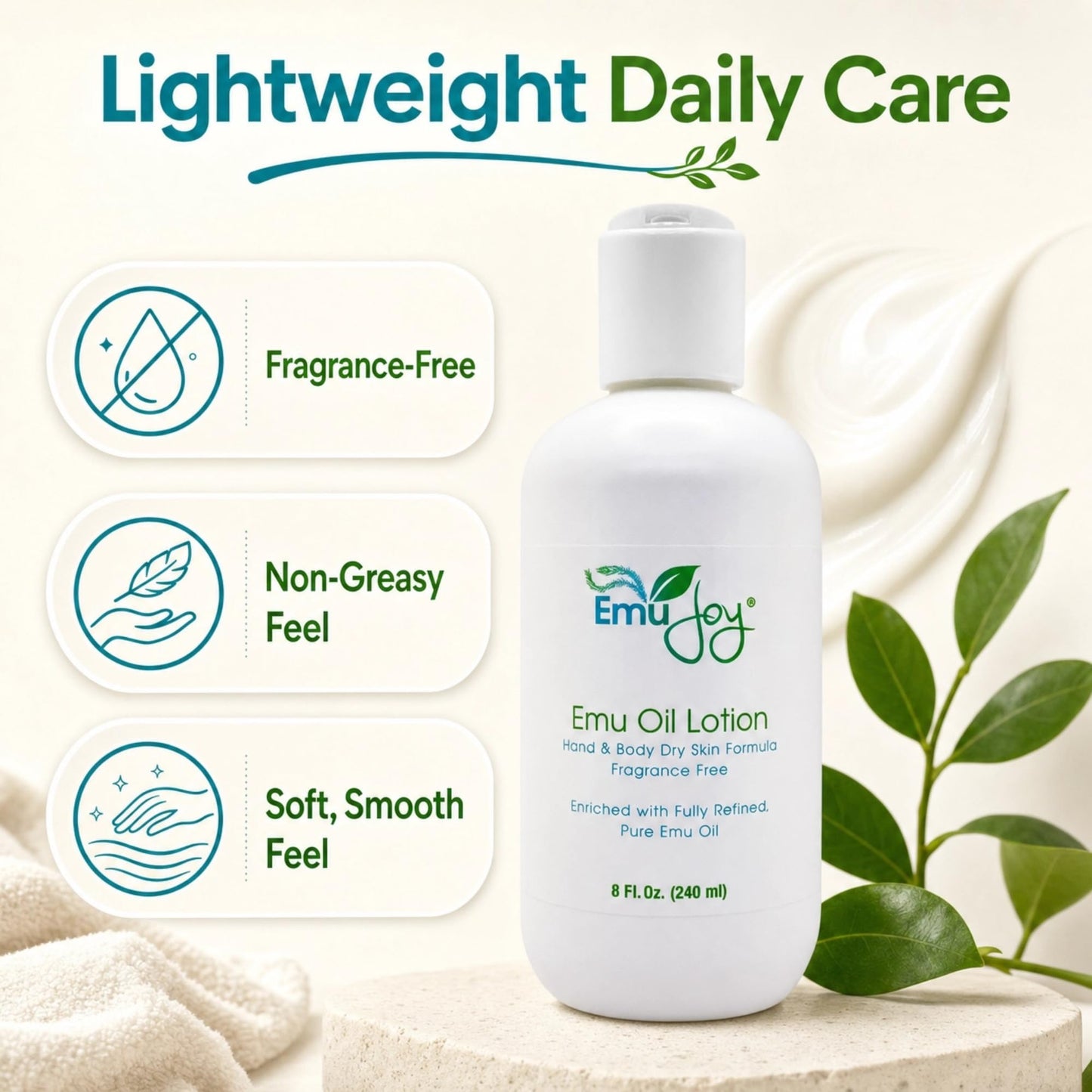 Emu Joy Emu Oil Lotion - Fragrance Free Hand & Body Lotion for Dry Skin - Non-Greasy Unscented Body Moisturizer - Shea Butter, Green Tea & Botanical Extracts - Sensitive Skin - 8 fl oz