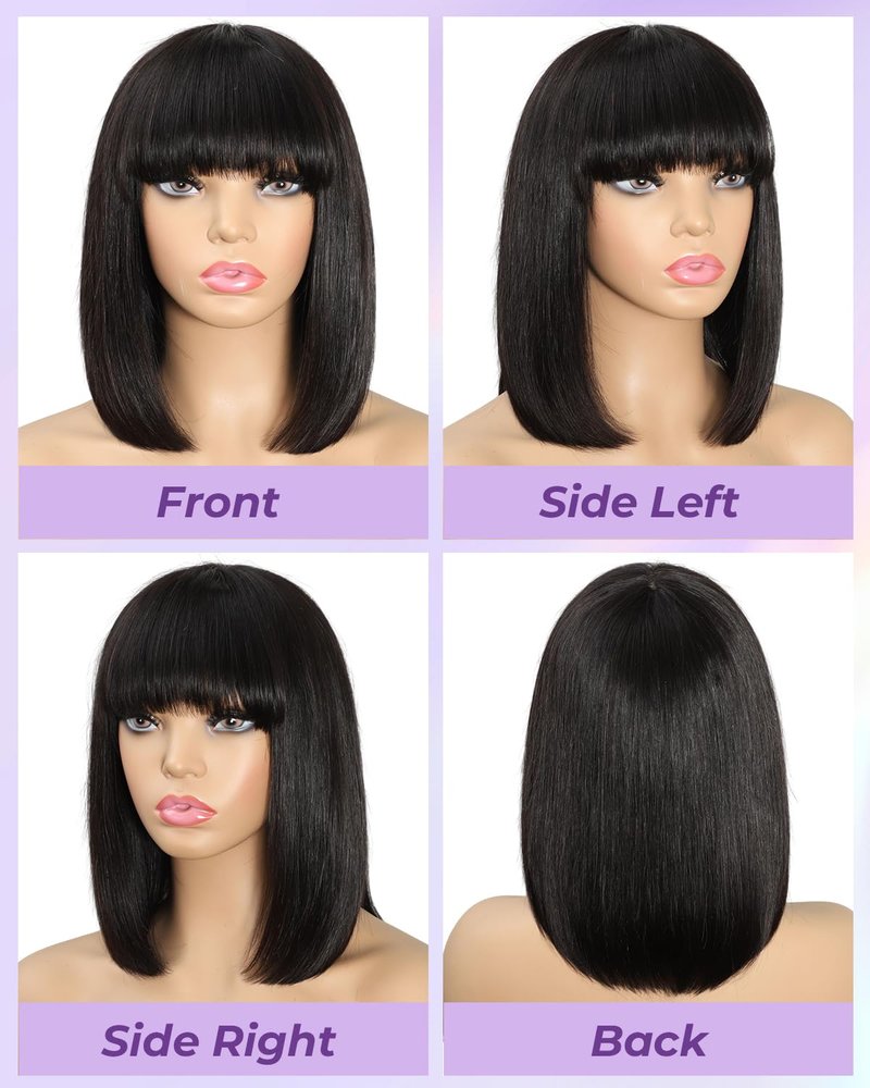 Bob Wig Human Hair with Bangs Glueless 2×1 Lace Closure 100% Human Hair Wigs with Bangs Short Bob Wig Human Hair Straight Wigs for Black Women Closure 180% Density Beginner Friendly（12Inch,Black）