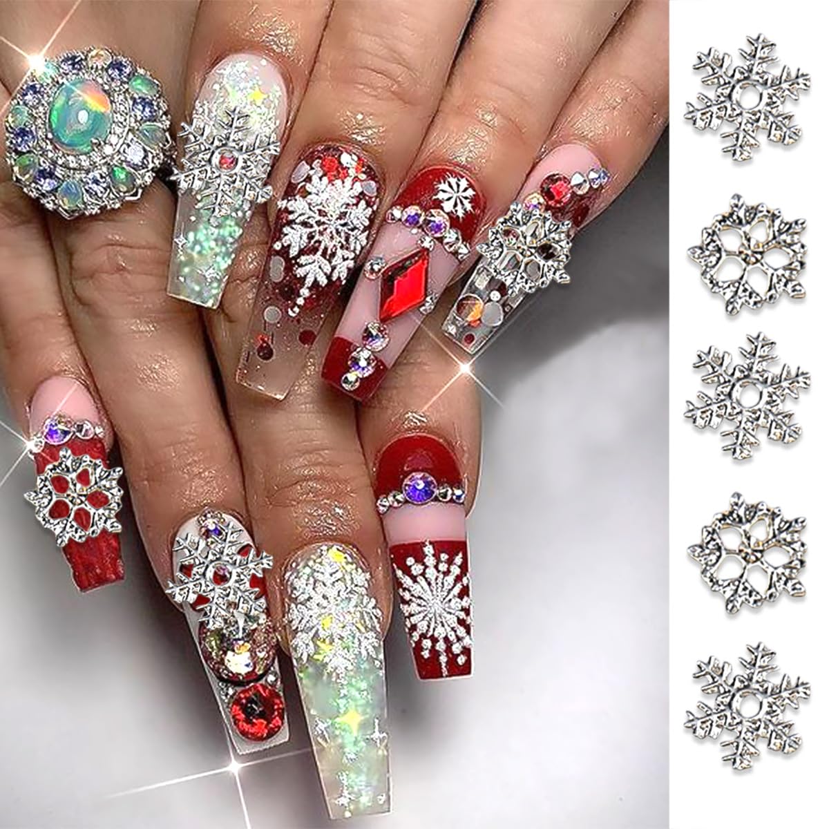Christmas Nail Charms - 20Pcs Silver Snowflake Rhinestones | 3D Luxury Bling Gems for Winter Nail Art