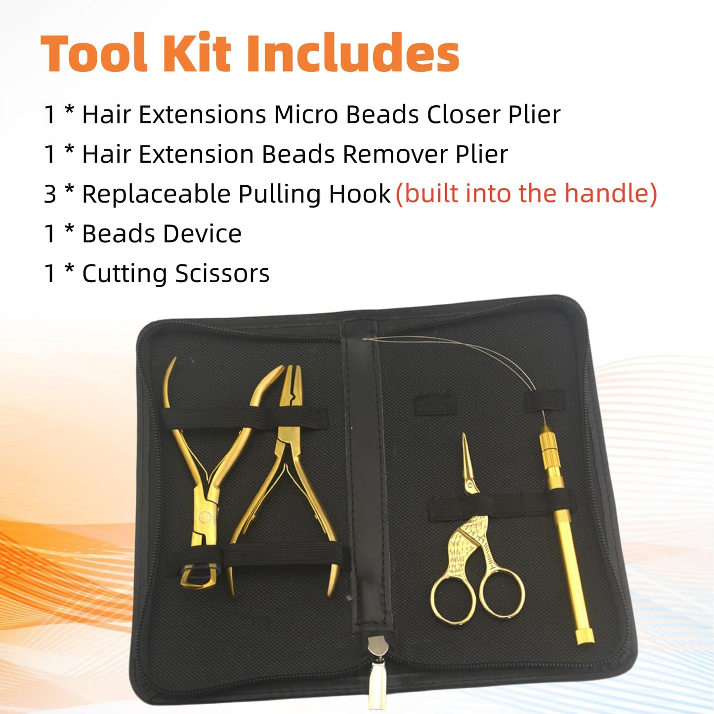 Hair Extension Beading Tool Kit Hair Extensions Micro Link Bead Closer and Remover Pliers and Cutting Scissors Set, Link Micro Ring Loop Needle Pulling Hook Threader Wire for Silicone Rings (Gold)