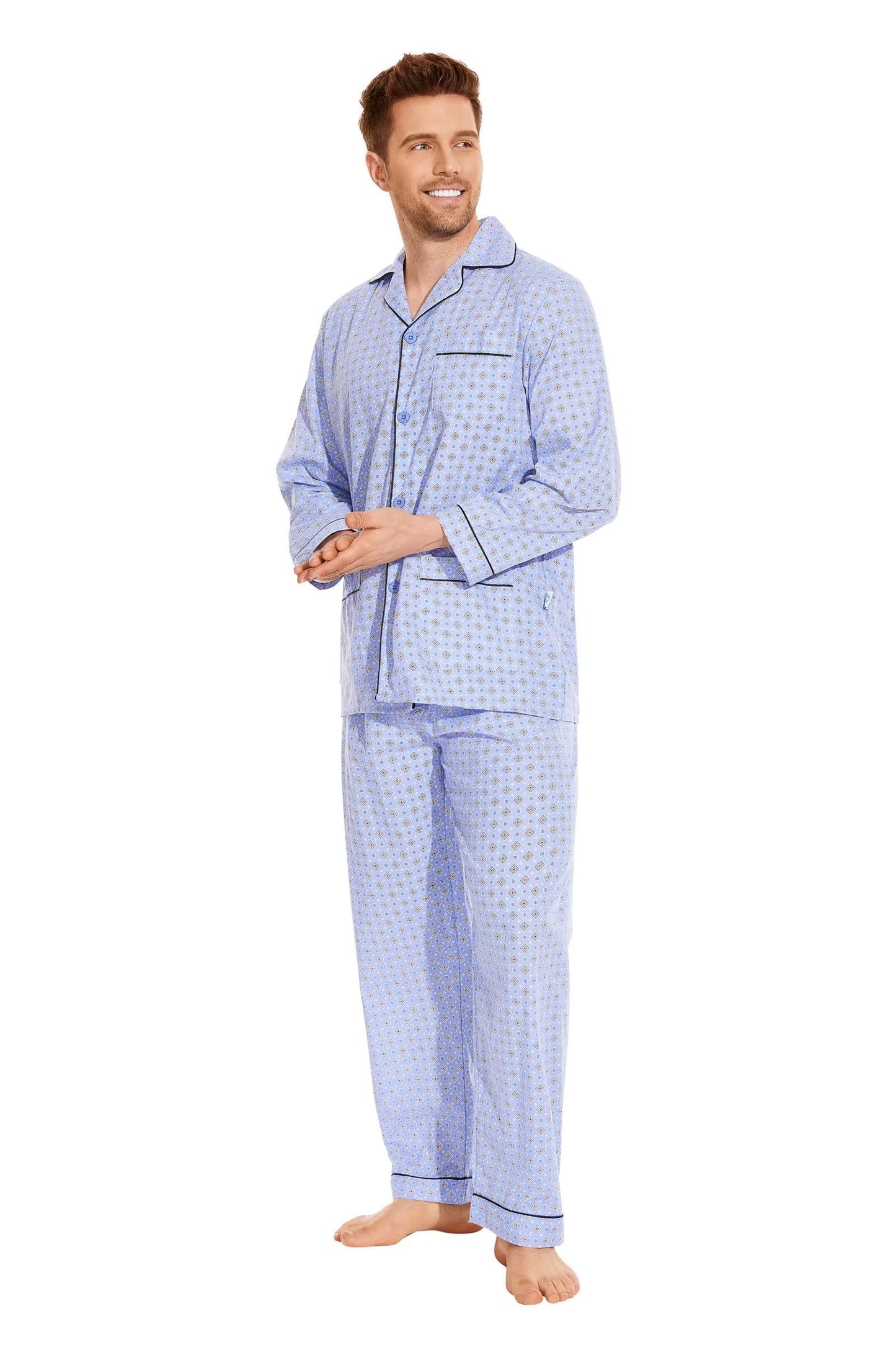 GLOBAL Mens Pajamas Set, 100% Cotton Woven Drawstring Sleepwear Set with Top and Pants/Bottoms,Medium