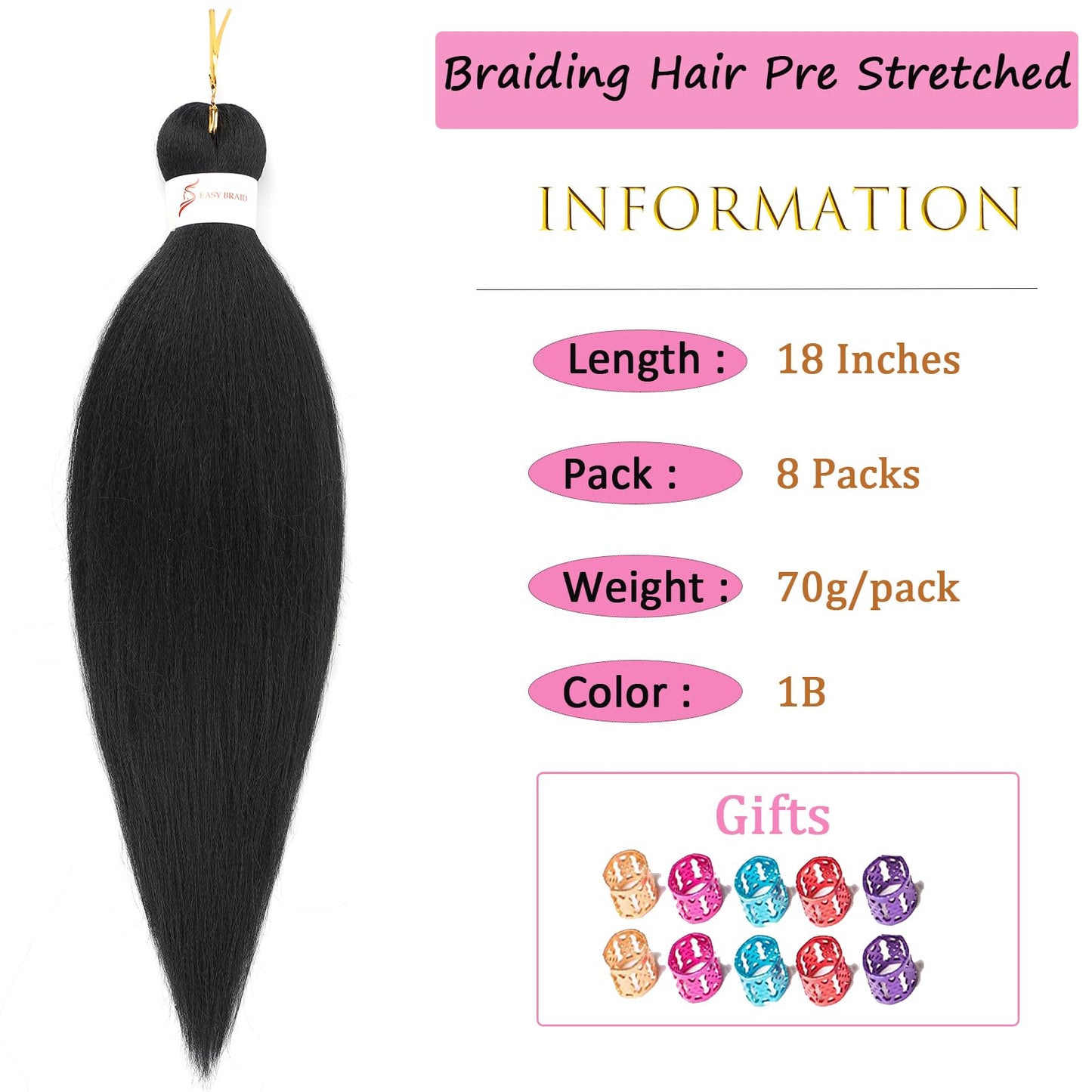 Braiding Hair Pre stretched 18 Inch 8 Packs Pre stretched Braiding Hair Ago Black Pre Stretched Hair For Braiding Yaki Texture Synthetic Hair Extension Itch Free Hot Water Setting