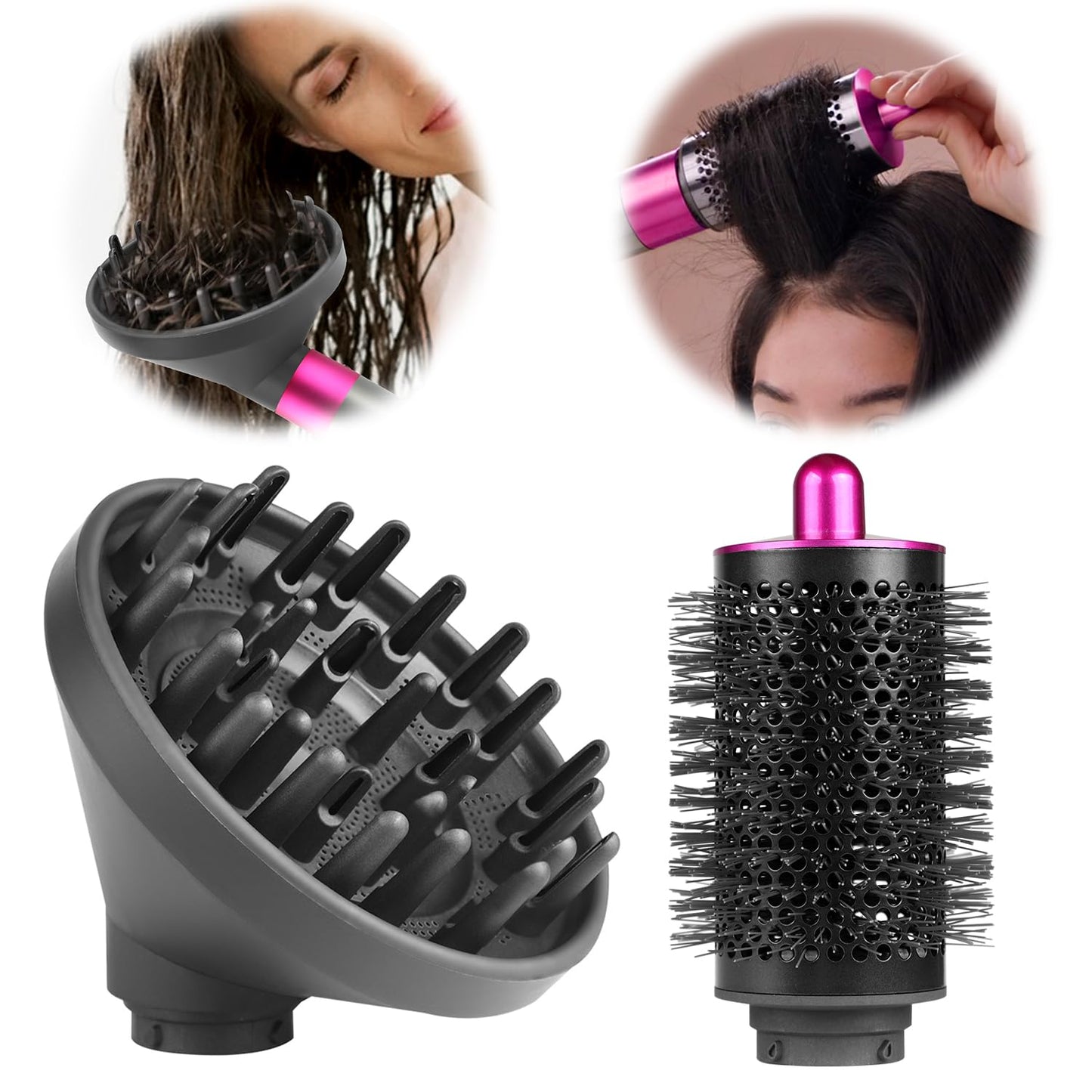 AIRUISH Upgraded Diffuser & Large Round Volumizing Brush for Dyson Airwrap, Attachment for Airwrap HS05 HS01, Fuchias
