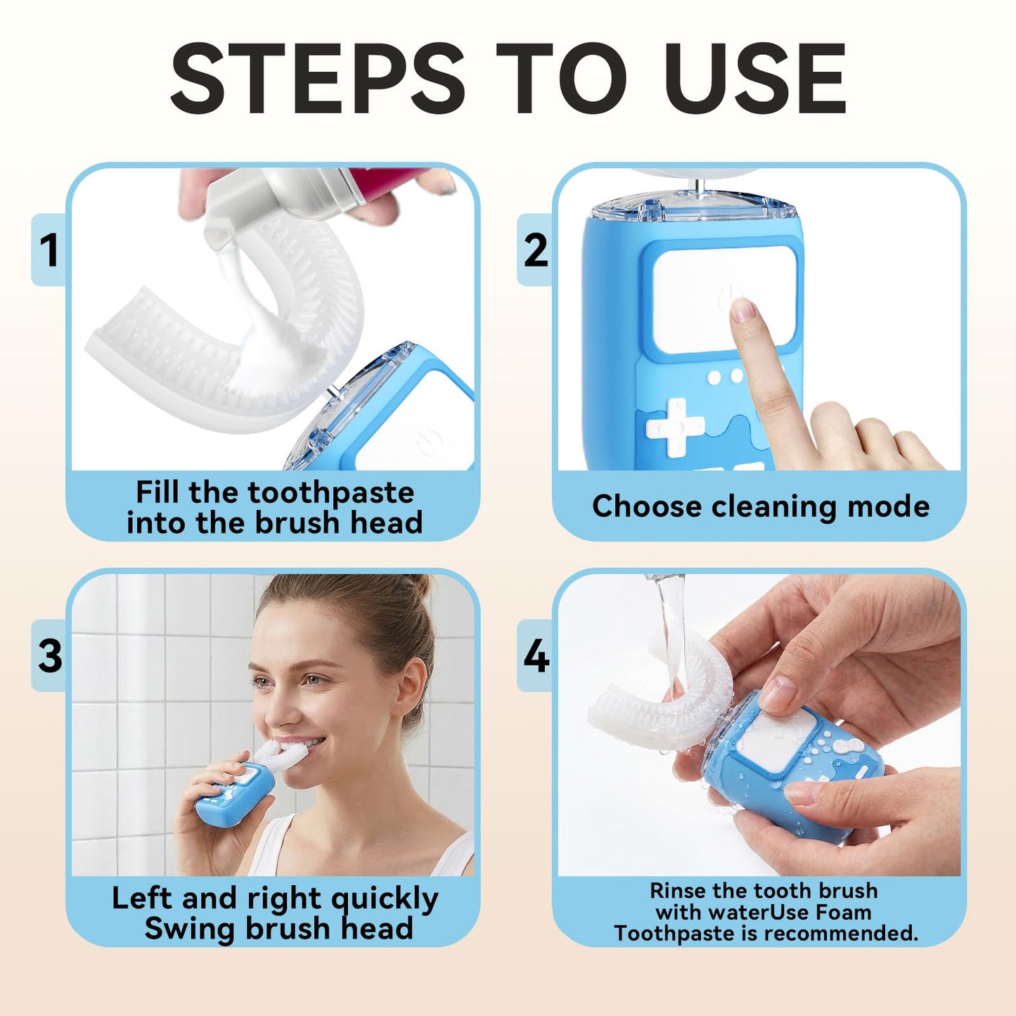 yeklike Adult Ultrasonic Electric Toothbrush, 360° Oral Cleaning for Stain & Whitening, IPX7 Waterproof Rechargeable, U-Shape Brush Head×3 + Straight Handle Brush Head×2 + Storage Cup