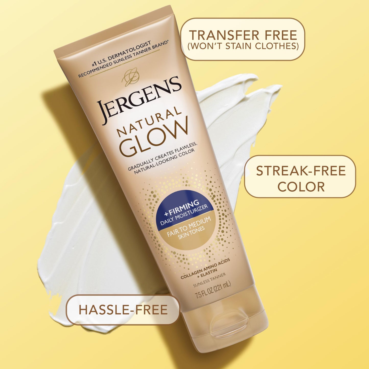 Jergens Natural Glow +Firming Self Tanner Body Lotion, Fair to Medium Skin Tone, Sunless Tanning Moisturizer with Collagen and Elastin. Helps to Visibly Reduce Cellulite, 7.5 Fl Oz (Pack of 2)