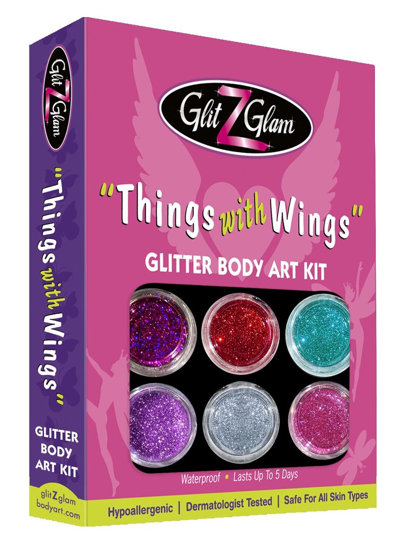Glitter Tattoo Kit THINGS WITH WINGS - HYPOALLERGENIC and DERMATOLOGIST TESTED! - with 6 Large Glitters & 12 Stencils for Temporary Tattoos