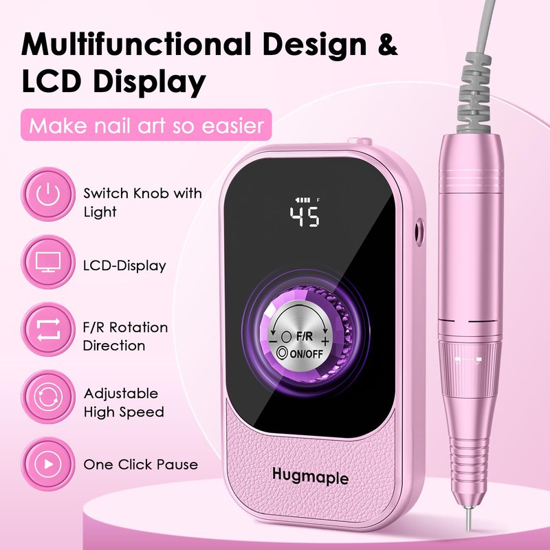 Professional Electric Nail Drill File, HUGMAPLE 45000RPM Portable E-File Machine with Bits & Base, Cordless Rechargeable Nail Drill Kit for Shaping, Removing & Polishing Gel Nails Salon Home (Purple)