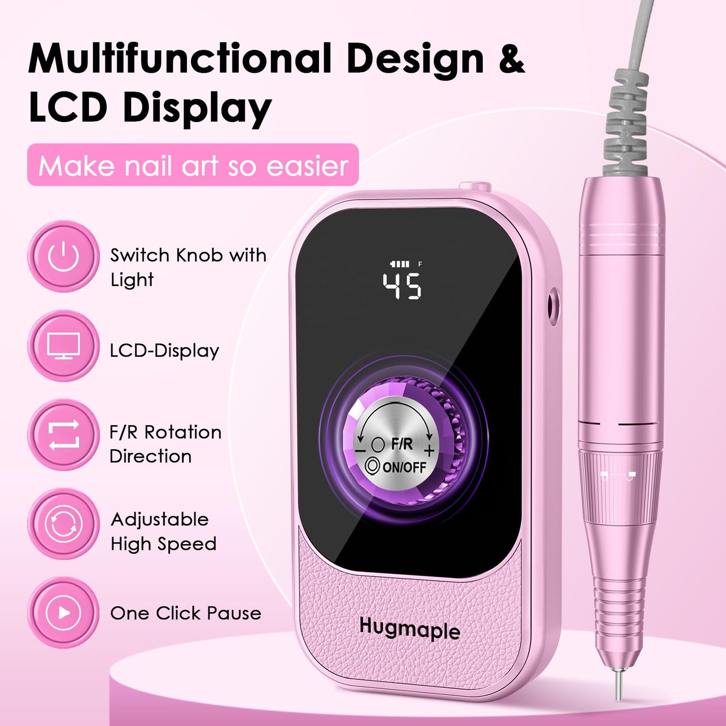 Professional Electric Nail Drill File, HUGMAPLE 45000RPM Portable E-File Machine with Bits & Base, Cordless Rechargeable Nail Drill Kit for Shaping, Removing & Polishing Gel Nails Salon Home (Purple)