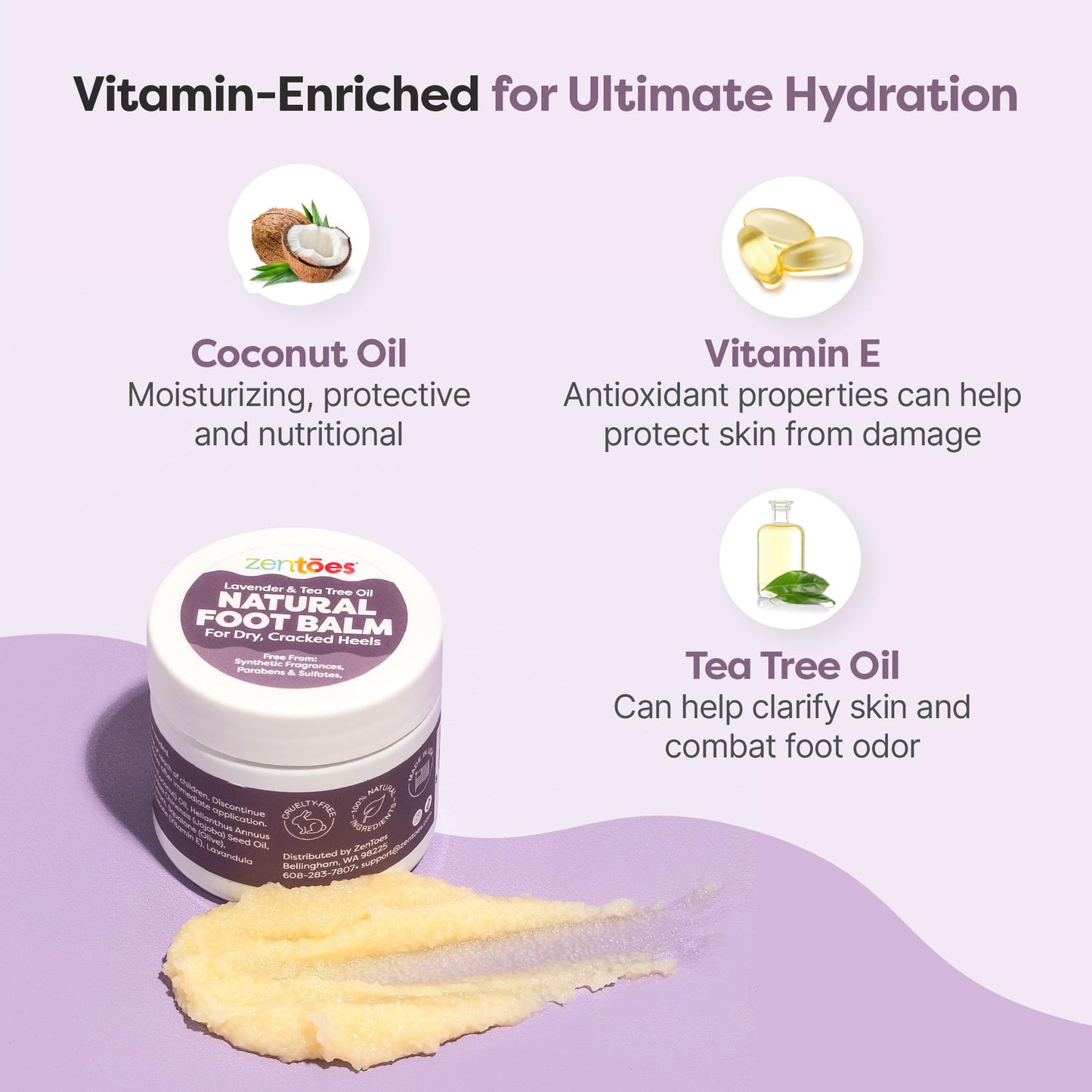 ZenToes Natural Foot Balm | Hydrating Cream for Dry, Cracked Heels & Feet | Enriched with Coconut, Tea Tree, Jojoba & Vitamin E Oils | Soothes & Softens Rough Skin | 2oz