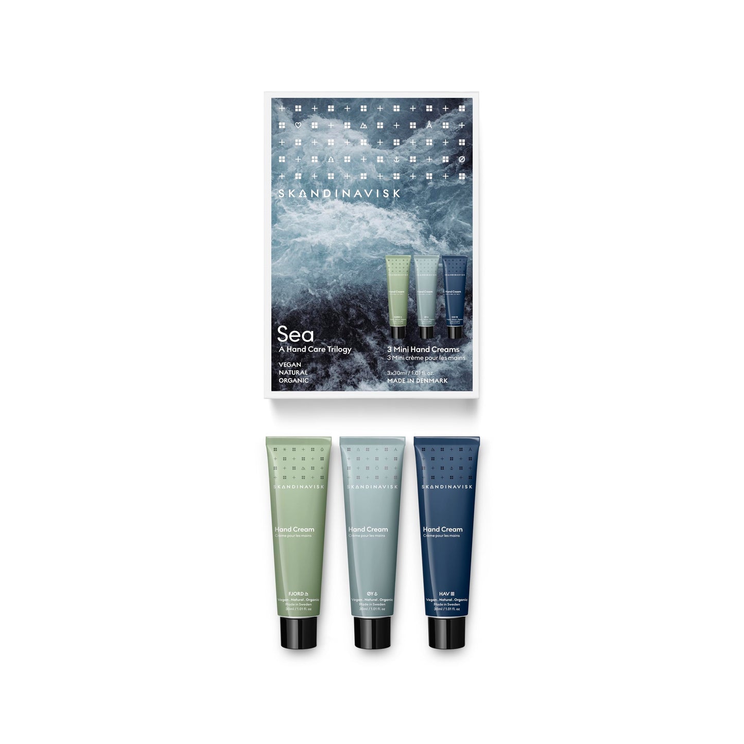 Skandinavisk Sea Giftset of 3 Mini Handcreams. Fjord, ØY 'Island' and HAV 'Sea'. Vegan Formula, 1.oz. x 3