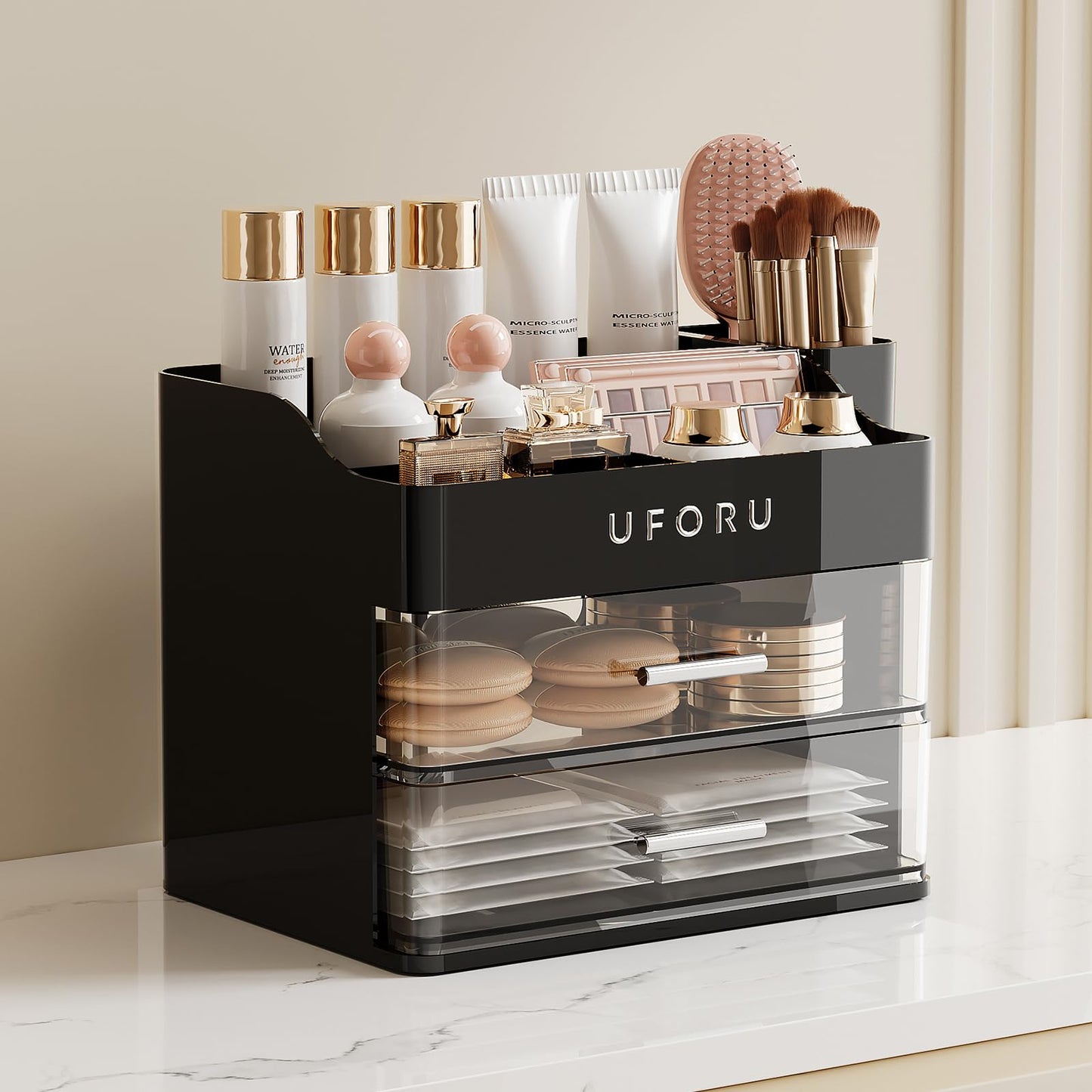 UFORU Makeup Organizer for Vanity with Brush Holder, Countertop Skincare Organizer with 2 Drawers, Spacious Cosmetic Display Case for Perfumes, Cologne, Shaving Lotion