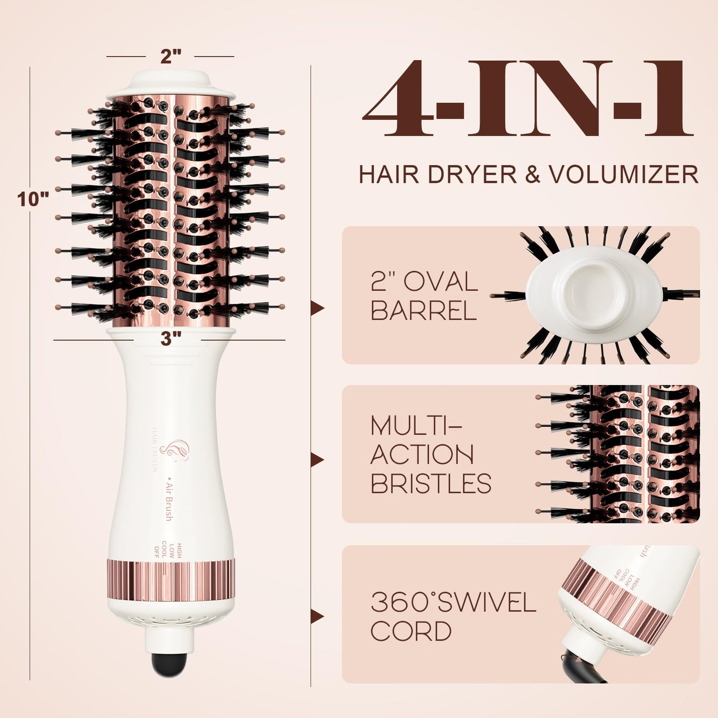 Travel Blow Dryer Brush in one, Dual Voltage 120V-240V Mini Hot Air Brush, Hair Trends Nano Titanium 2 Inch One Step Hair Dryer and Styler Volumizer Oval Shape