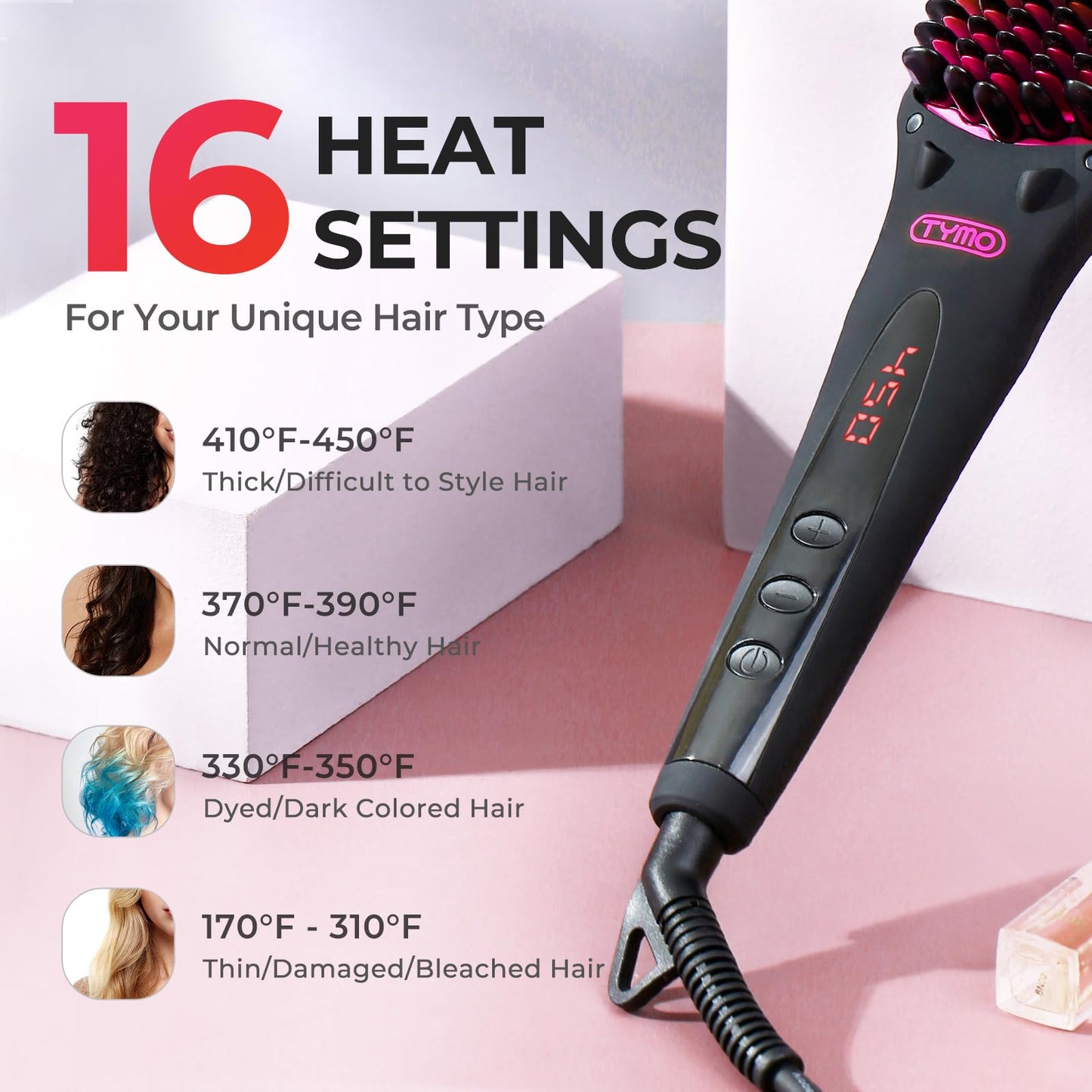 TYMO Ionic Hair Straightener Brush - One-Step Hair Straightener for Women, Straightening Brush with Negative Ions, 16 Temp Settings, LCD Display, Dual Voltage, Hot Comb Flat Iron for Frizz-Free Styles