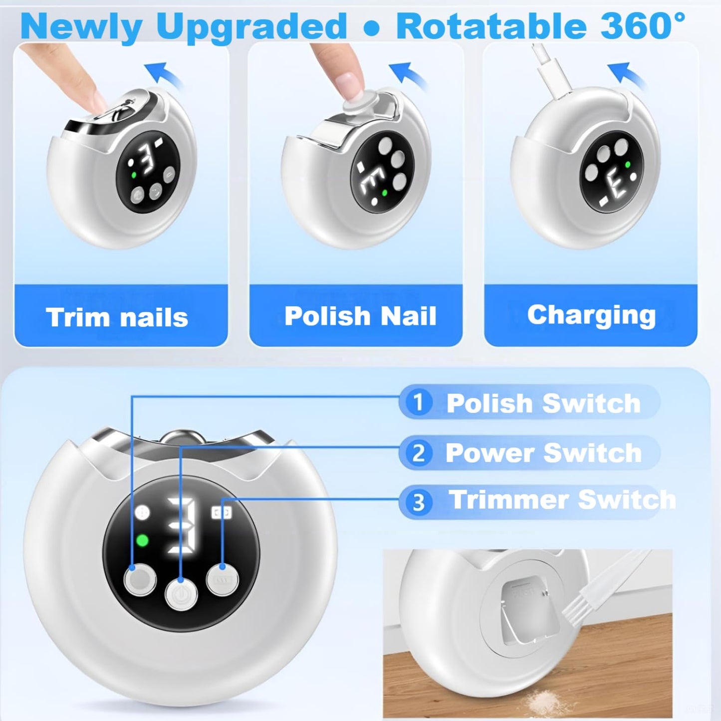 【3 Speeds】 VBXBKC Electric Nail Clipper,Electric Automatic Nail Clipper with LCD Digital Display,Safety Electric Trimmer for Baby Seniors and Adult
