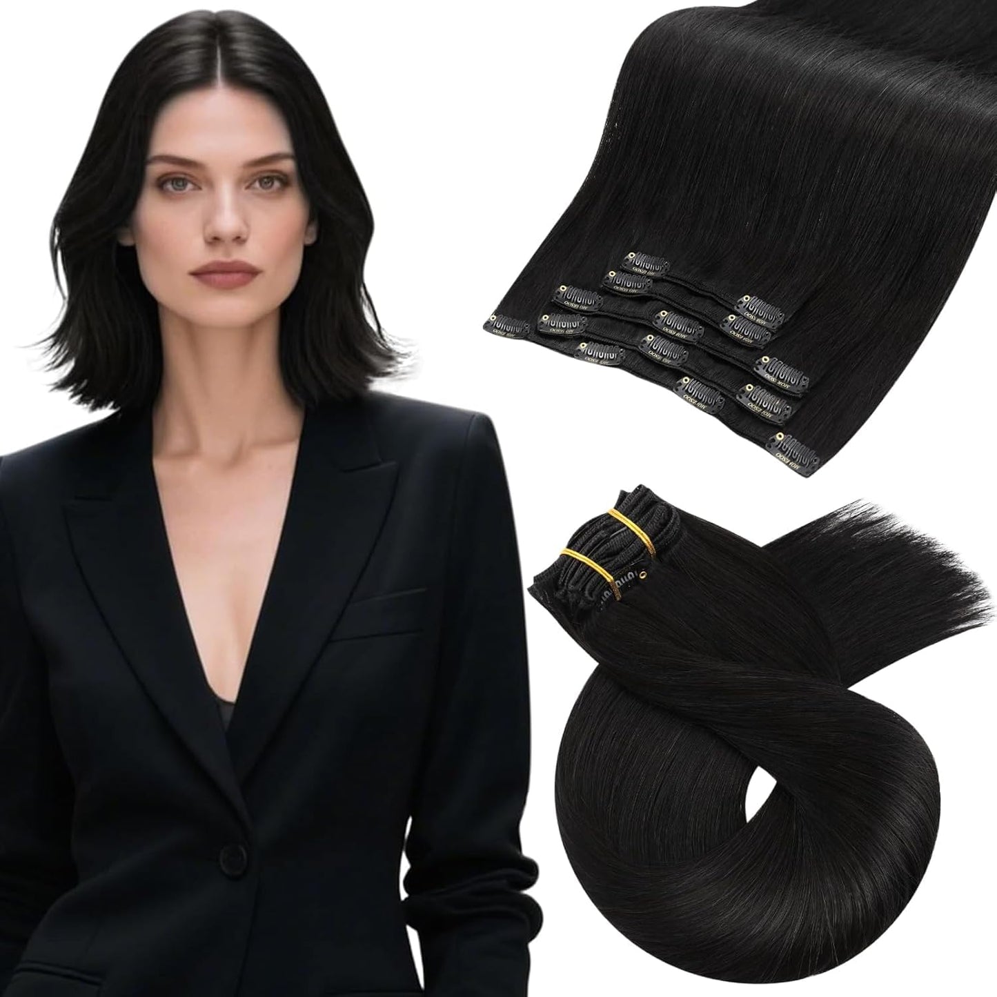 Moresoo Natural Black Clip in Hair Extensions Short Human Hair Clip in Extensions Black for Women Remy Hair Extensions Clip ins Short Double Weft 80g/5pcs 10 inch