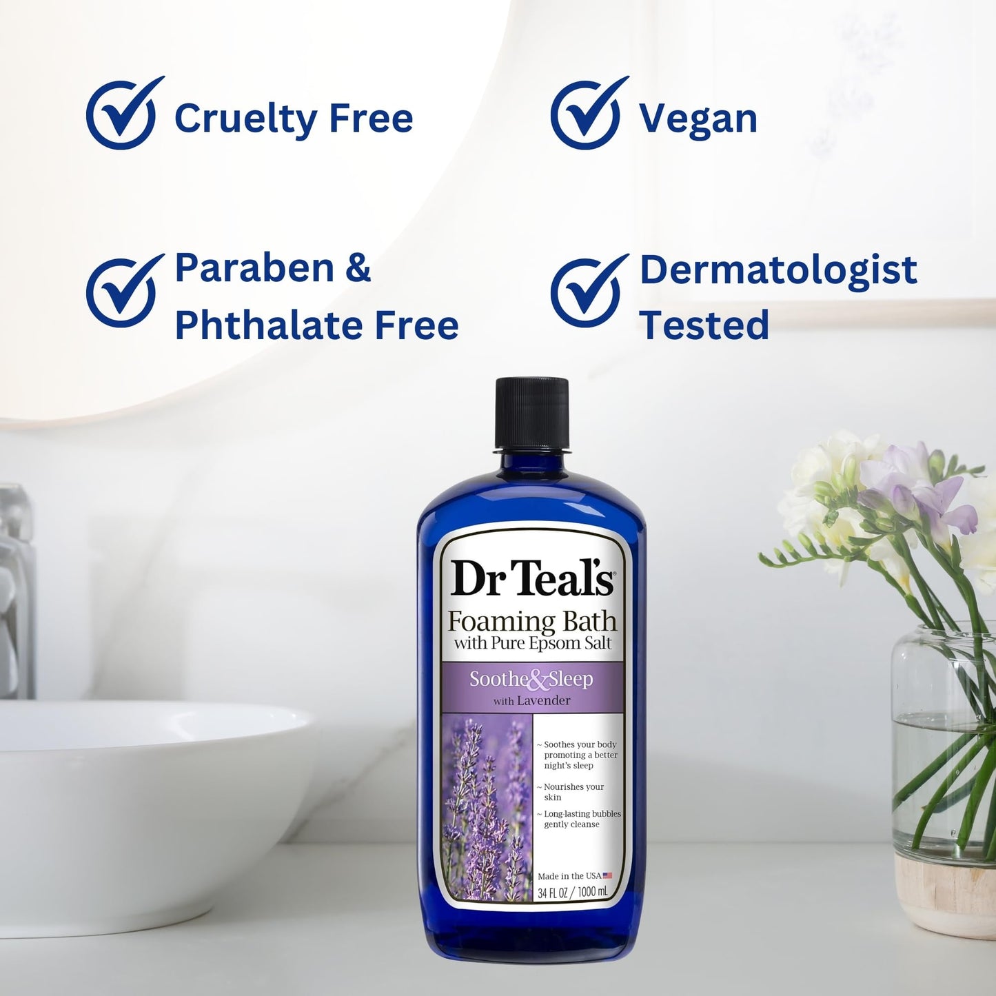 Dr. Teal's Lavender Foaming Bath 34 oz (Pack of 2) with Variety Junction Premium Bath and Shower Sponge, Soothing & Relaxing, Bubble Bath, Soaking Bath, Men's and Women's, Clear