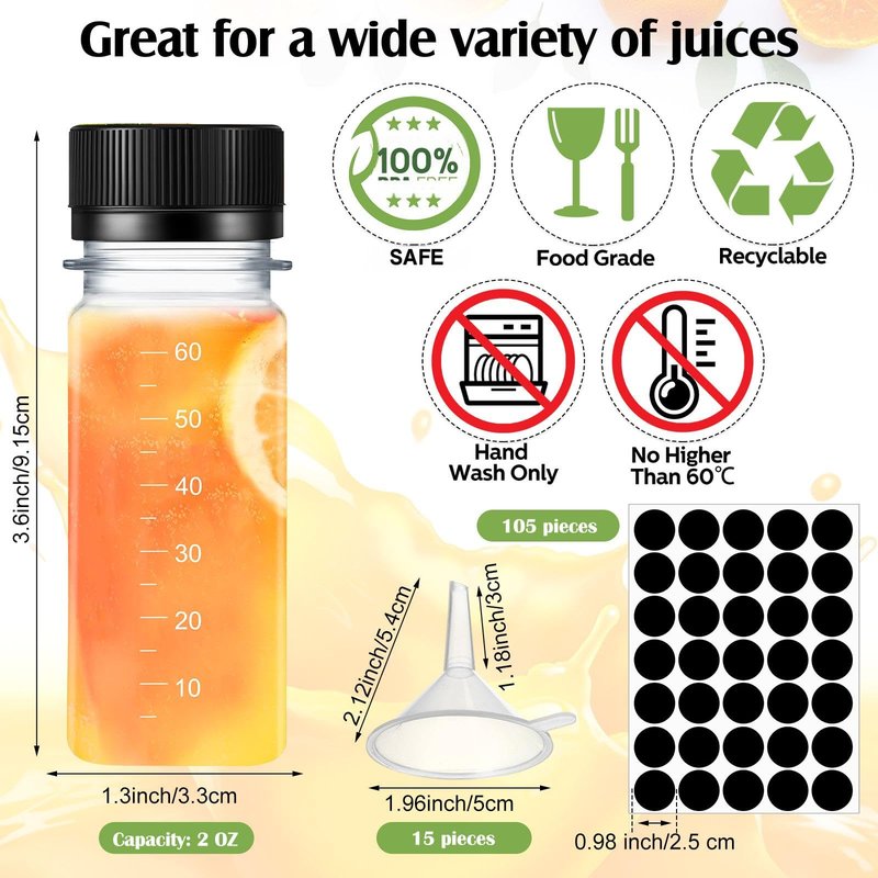 Roshtia 100 Pcs 2 oz Plastic Bottle with Caps for Liquids Small Clear Ginger Shots Bottles with Scale Reusable Mini Jars with Lids and 15 Pcs Funnel 3 Labels for Juice Sauce Bulk Portable Travel