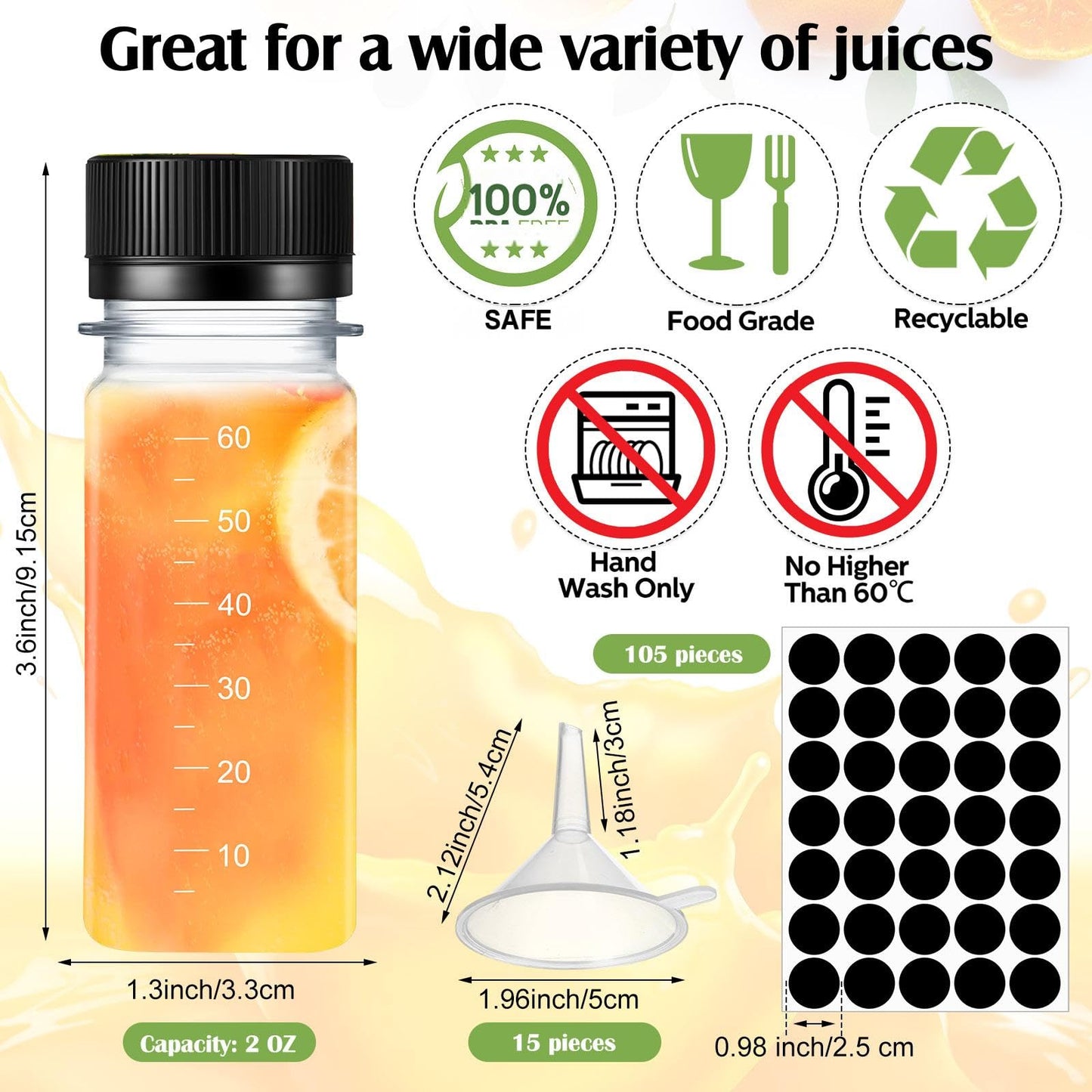Roshtia 100 Pcs 2 oz Plastic Bottle with Caps for Liquids Small Clear Ginger Shots Bottles with Scale Reusable Mini Jars with Lids and 15 Pcs Funnel 3 Labels for Juice Sauce Bulk Portable Travel