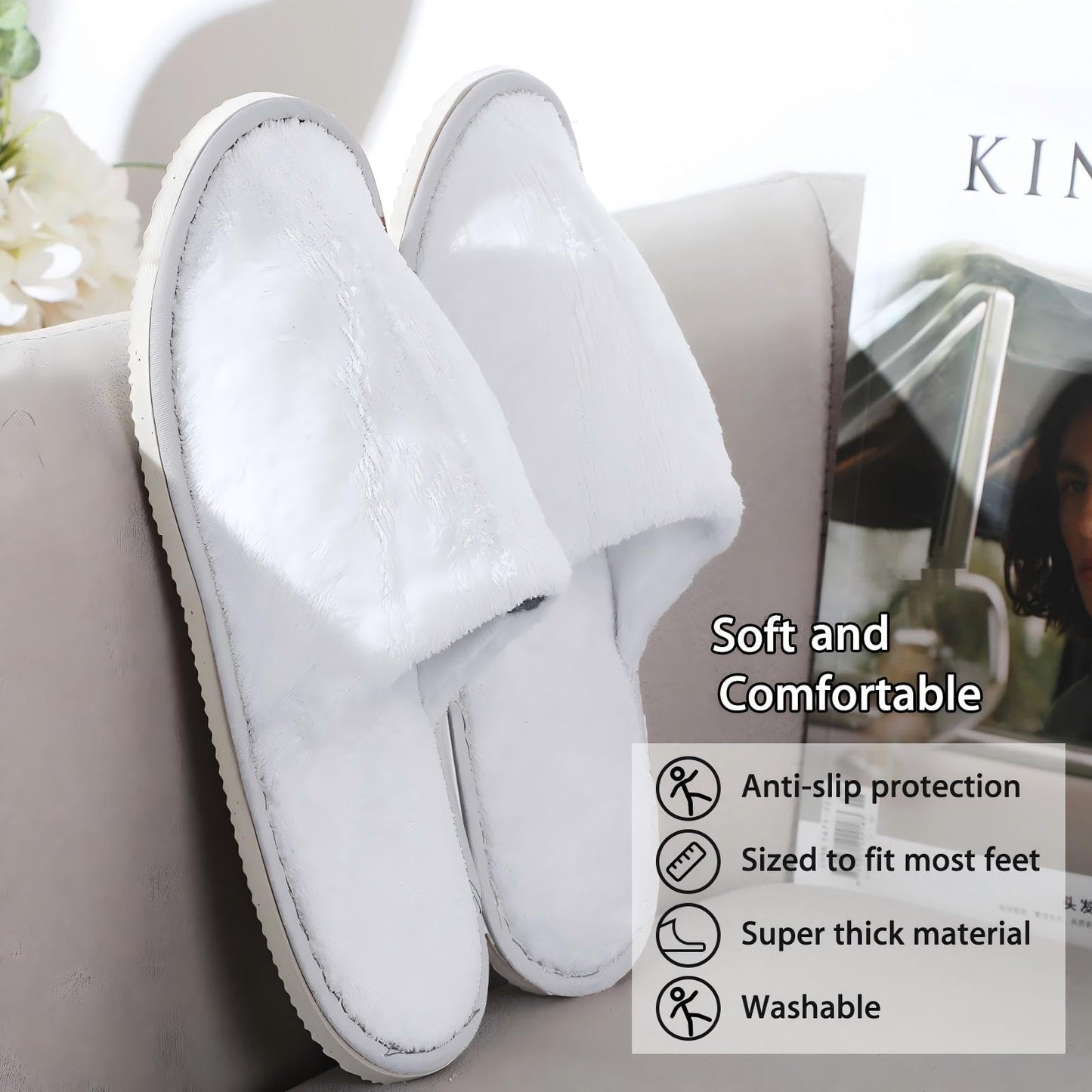 Tarpop 12 Pairs Disposable Slippers for Guests Bulk House Spa Slippers Fluffy Coral Fleece Indoor Hotel Shoes for Women Men Shoeless Home Hotel Bedroom Travel(White, Yellow, Grey)