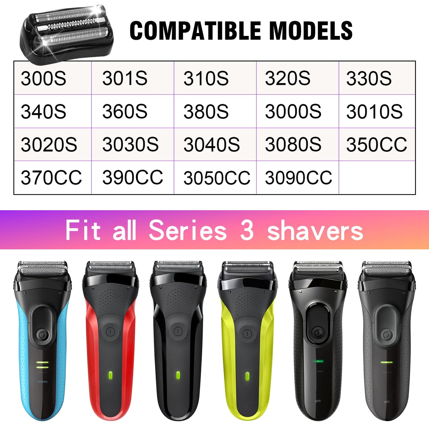 2 Pack Series 3 21B Replacement Head, Foil & Cutter Razor Head Compatible with S3 Shaver Replacement Heads 3040s 300s, 310s, 320s, 3050cc 360s 370cc-4, 3090cc Etc