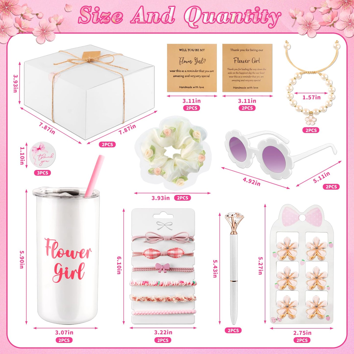 40pcs Flower Girl Proposal Gifts Set of 2, White 12oz Tumbler Sunglasses Pearl Bracelet Diamond Pen Hair Ties Flower Girl Sets for Little