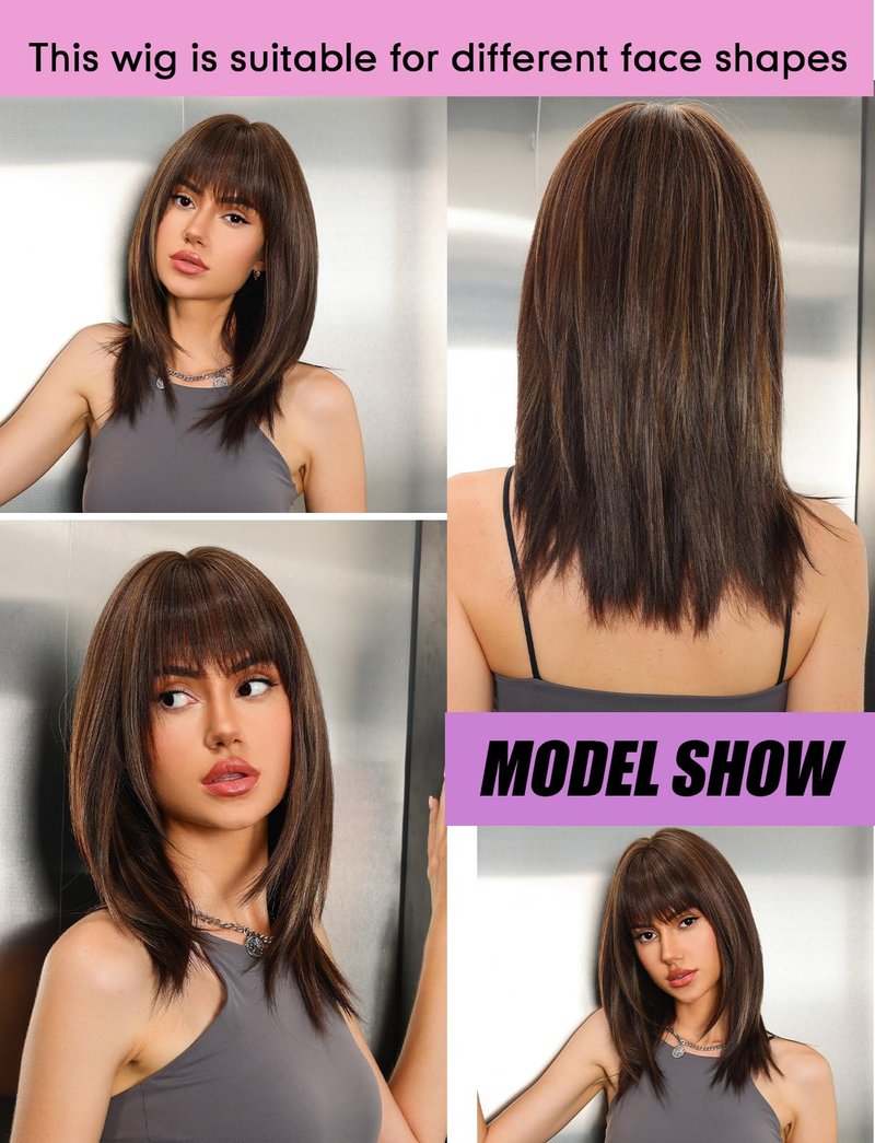 Getshow Dark Brown Wigs for Women layered Straight Wig with Bangs Natural Synthetic Hair