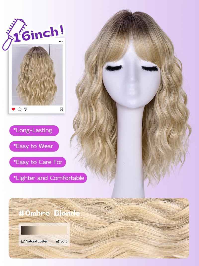 Short Wavy Wig with Bangs for Women Curly Wigs Natural Wavy Synthetic Wigs for Daily Party Cosplay (Ombre Blonde)