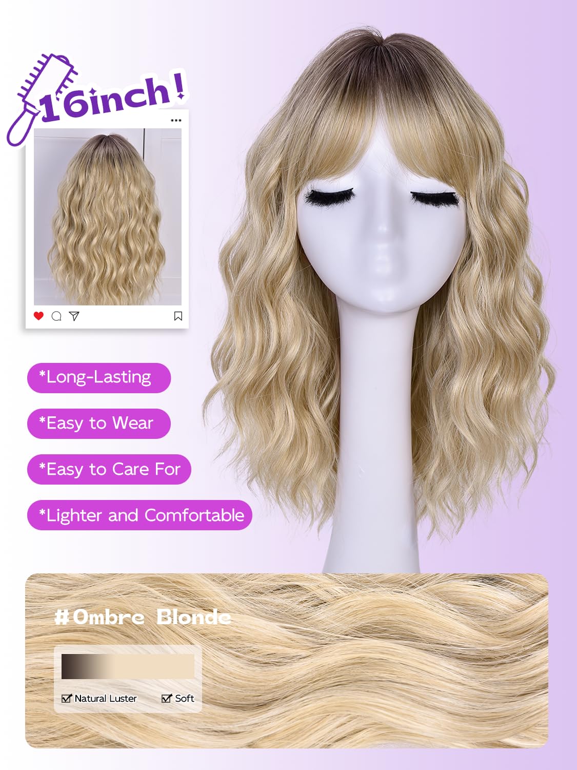 Short Wavy Wig with Bangs for Women Curly Wigs Natural Wavy Synthetic Wigs for Daily Party Cosplay (Ombre Blonde)