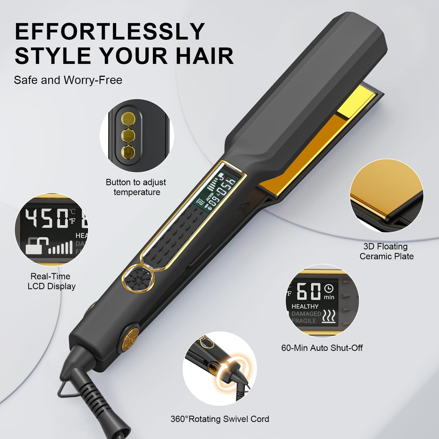 Thirtek Professional Hair Straightener,1.5 inch Ceramic & Titanium Flat Iron,15 Adjustable Temperature Levels,LCD Display, 25s Quick Heat Up,Styling Tools for Thick Hair,Dual Voltage,Black&Gold
